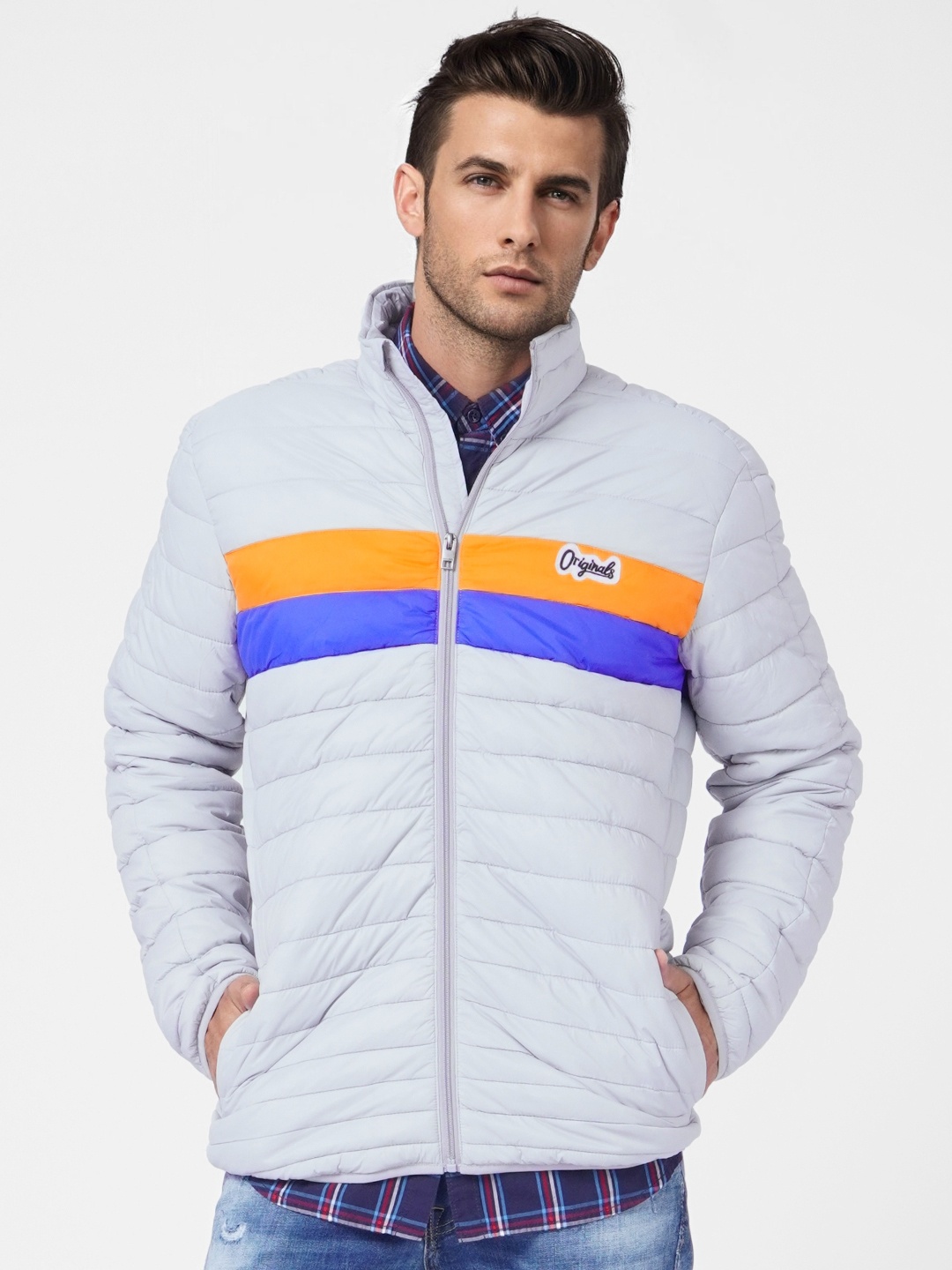 

Jack & Jones Men Grey & Blue Colourblocked Padded Jacket