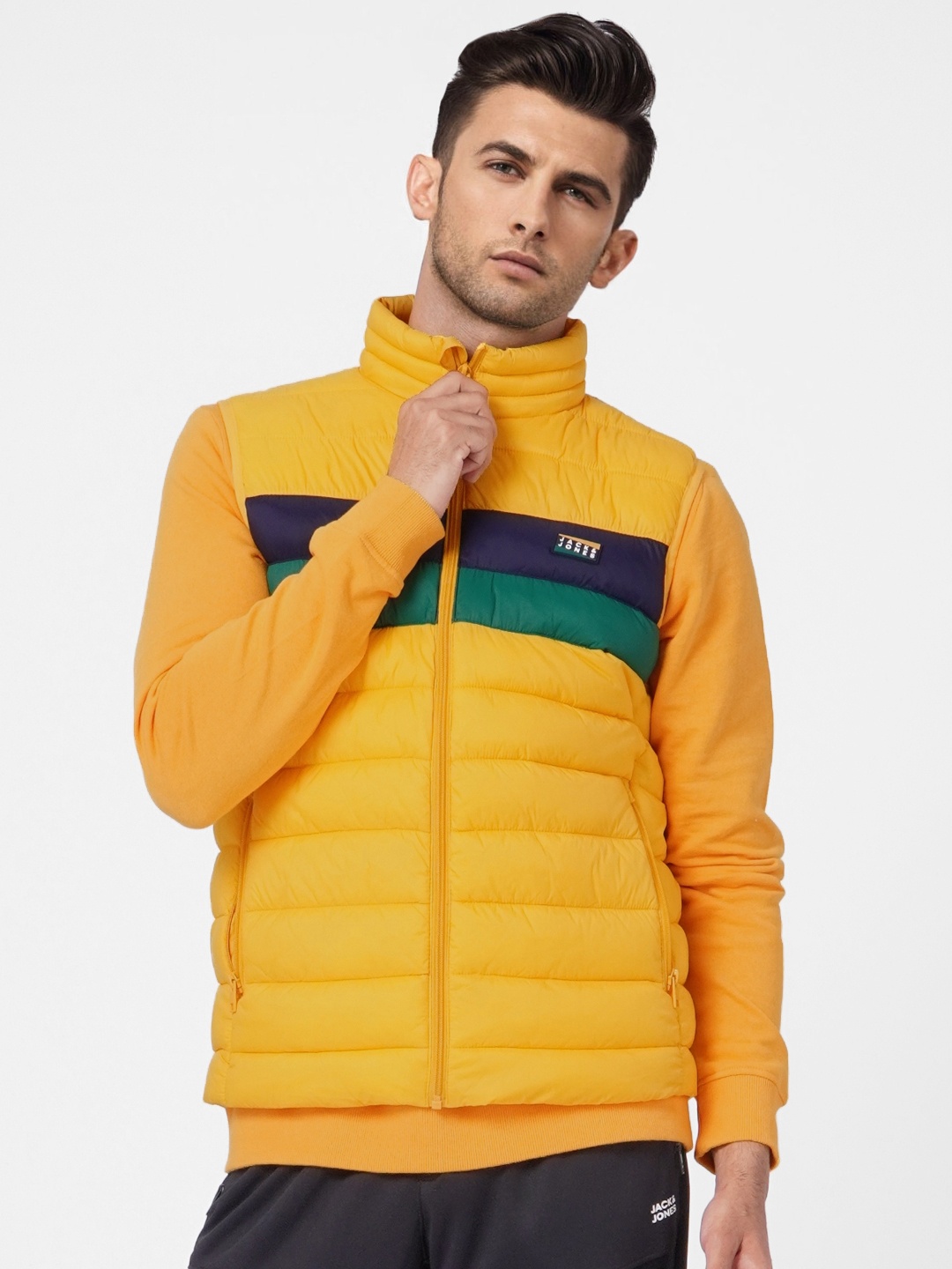 

Jack & Jones Men Yellow & Black Striped Puffer Jacket