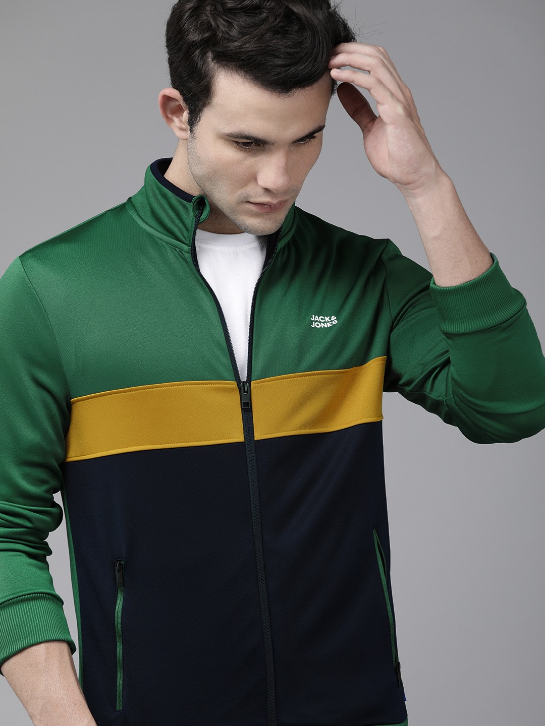 

Jack & Jones Men Blue & Green Colourblocked Bomber Jacket