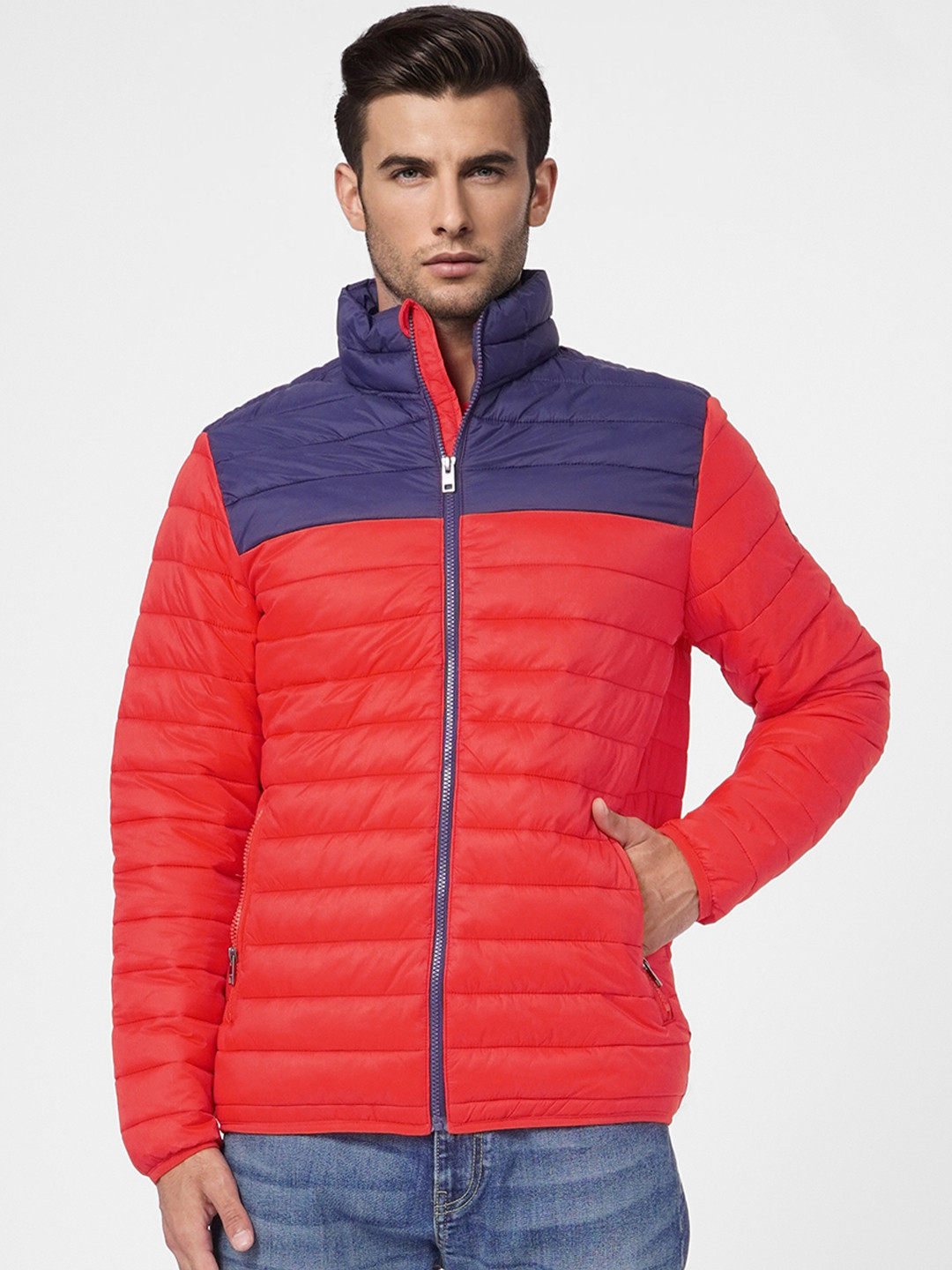 

Jack & Jones Men Red & Blue Colourblocked Puffer Jacket