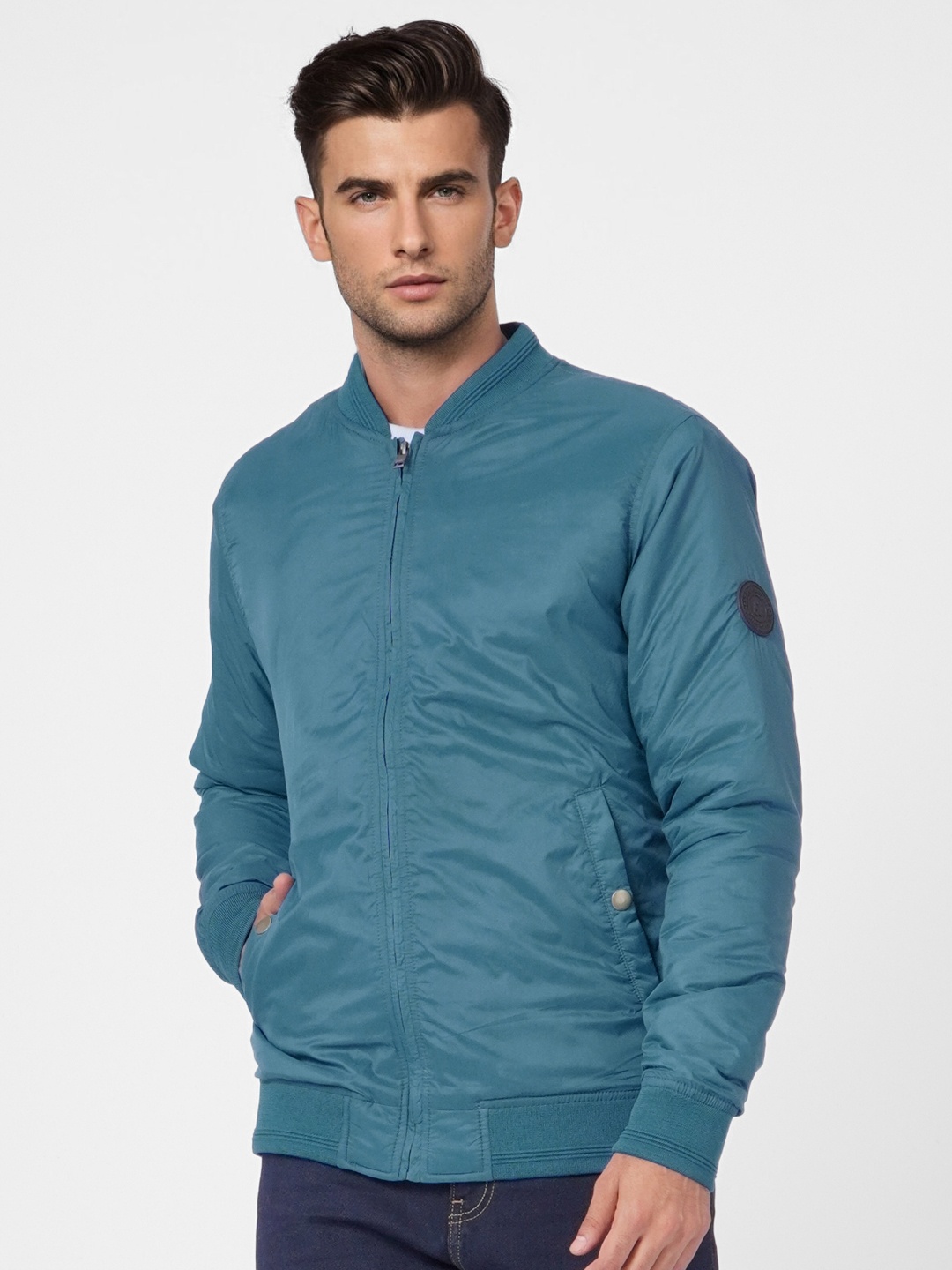 

Jack & Jones Men Blue Solid Bomber Jacket