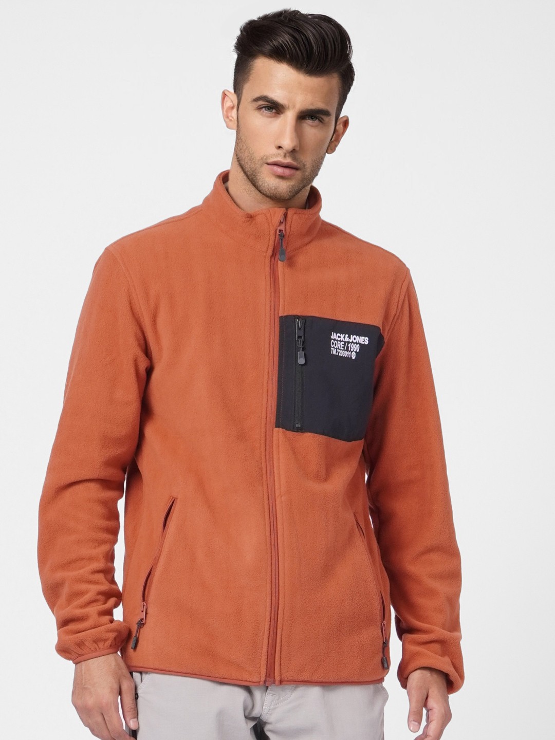 

Jack & Jones Men Rust Orange Brand Logo Printed Tailored Polar Fleece Jacket