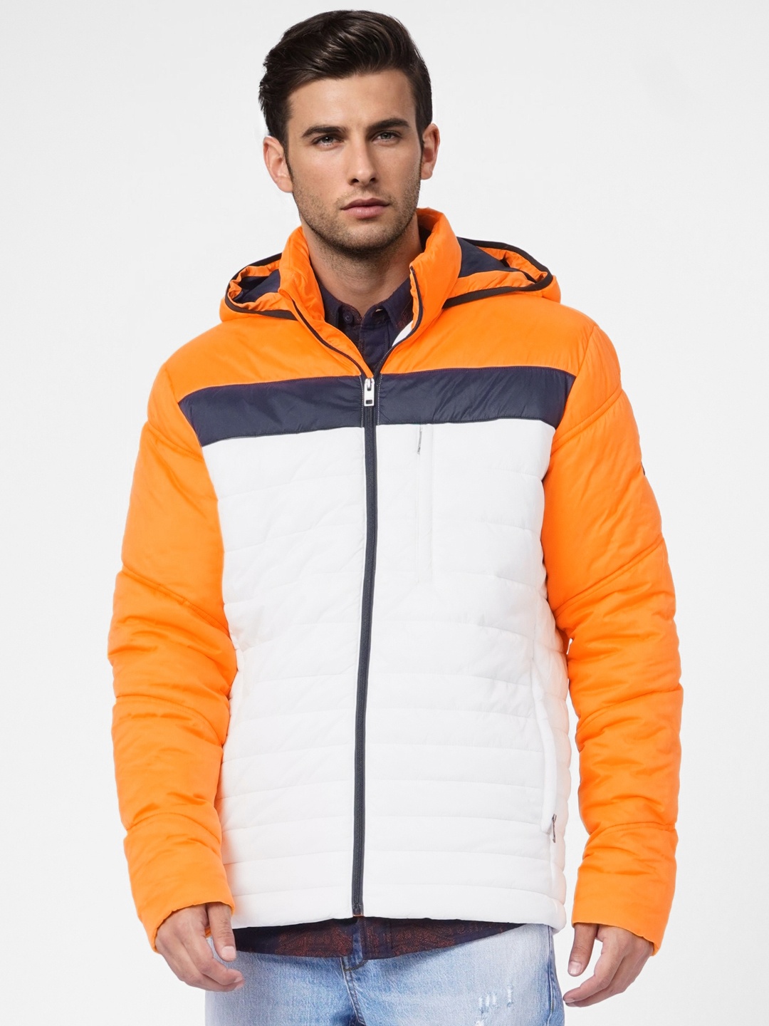 

Jack & Jones Men Orange & White Colourblocked Puffer Jacket