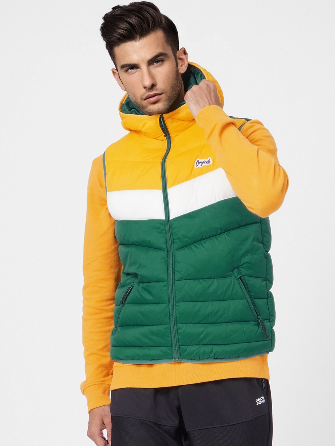 

Jack & Jones Men Green & Yellow Colourblocked Puffer Jacket