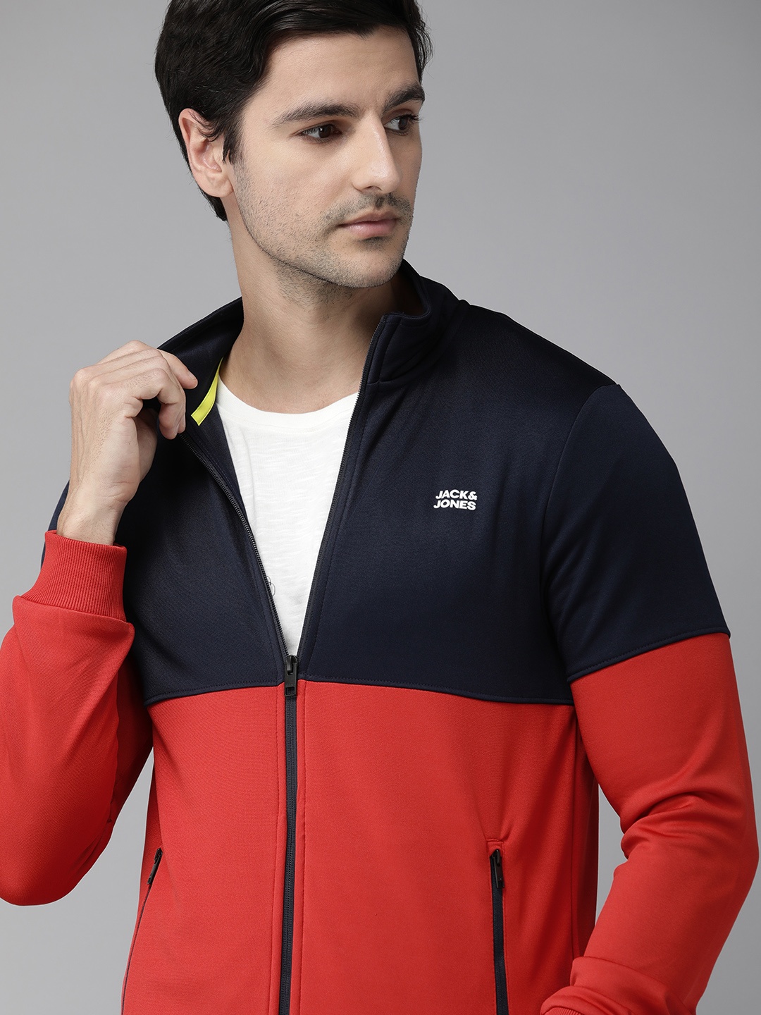 

Jack & Jones Men Navy Blue & Red Colourblocked Sporty Jacket
