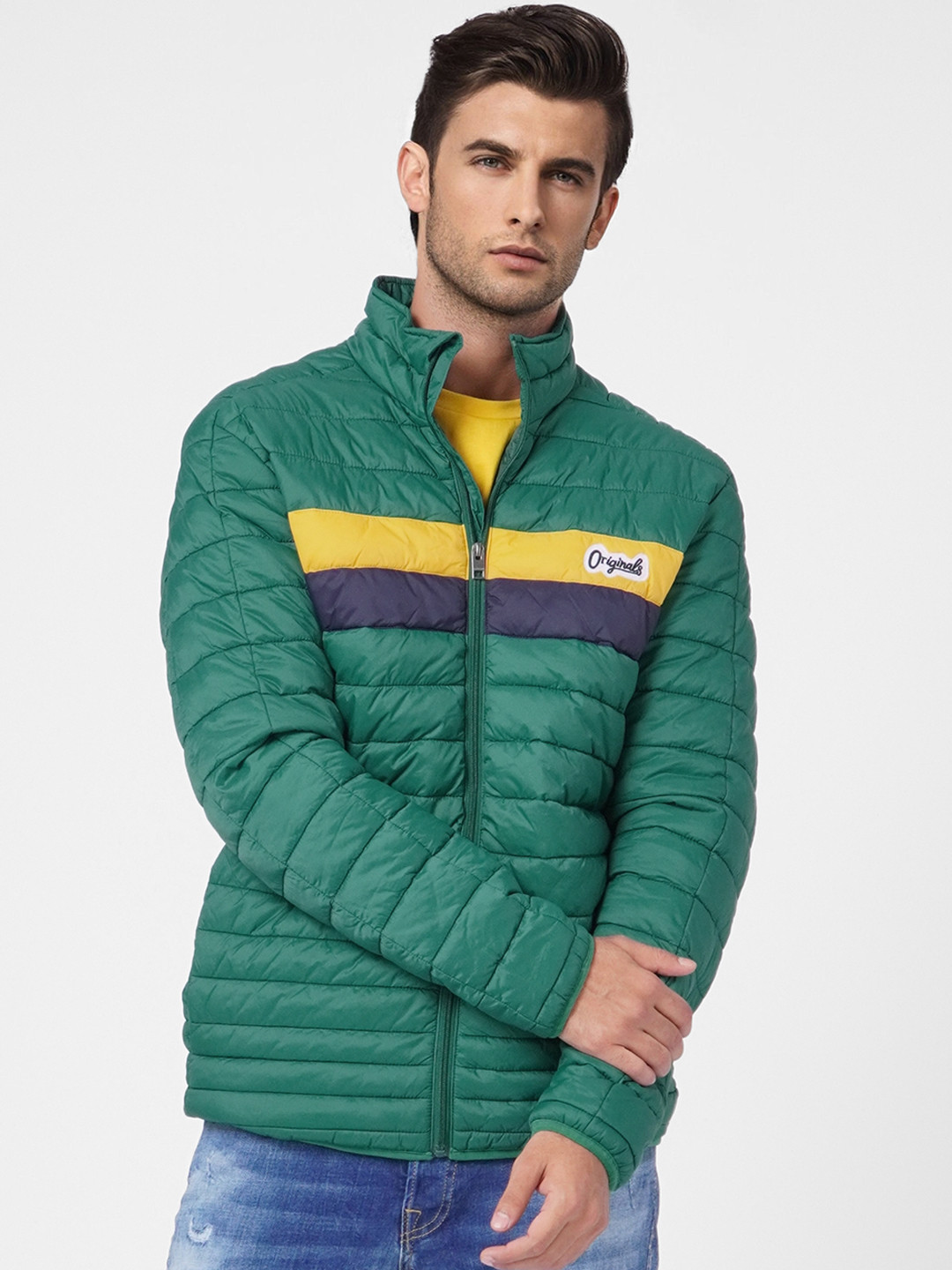 

Jack & Jones Men Green & Yellow Striped Puffer Jacket