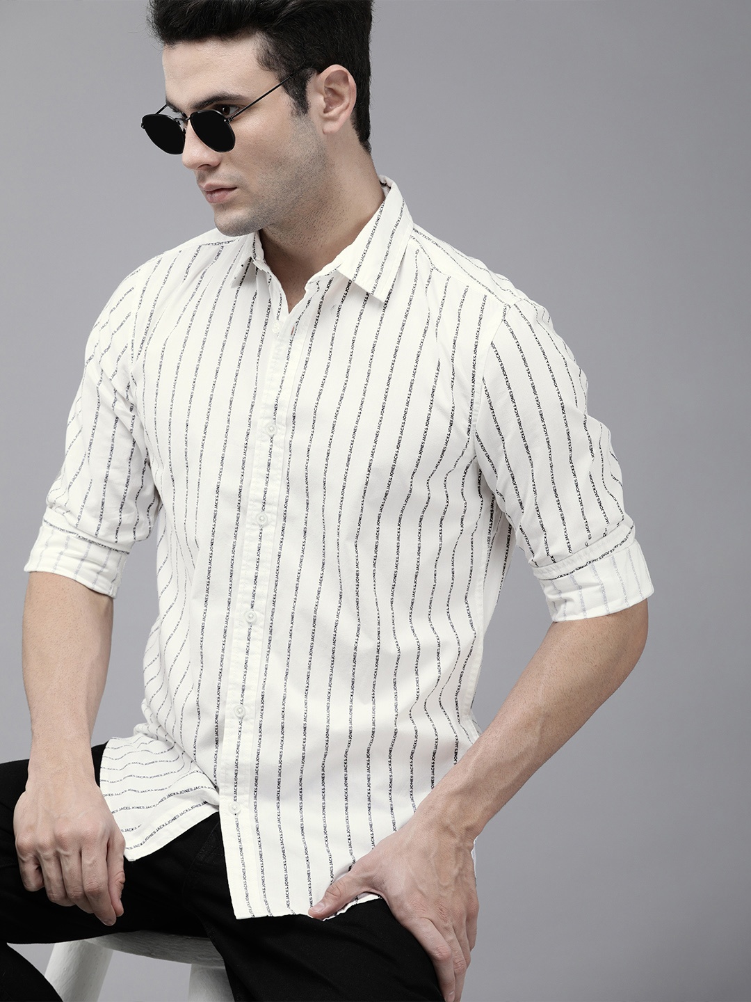 

Jack & Jones Men White Slim Fit Opaque Printed Casual Shirt