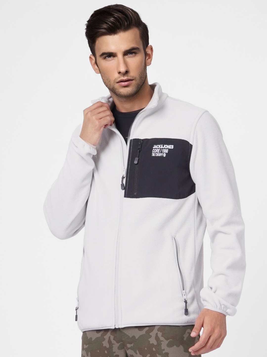 

Jack & Jones Men Grey & Navy Blue Colourblocked Fleece Jacket