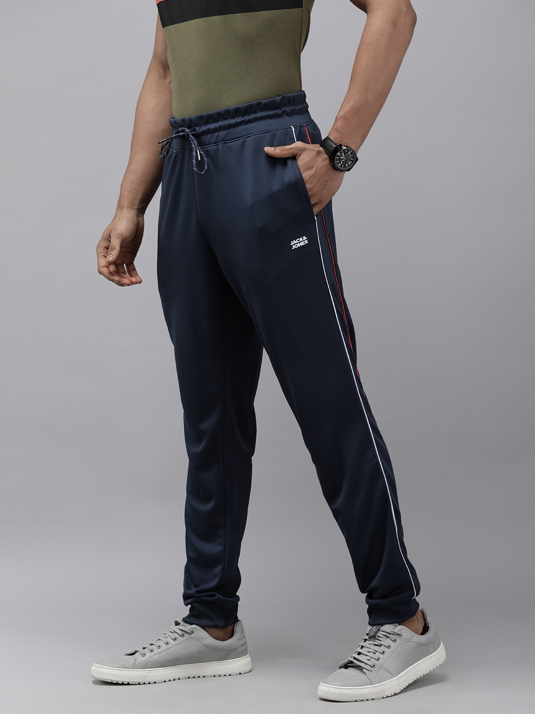 

Jack & Jones Men Navy Blue Joggers Trousers with Red & White Side Stripes