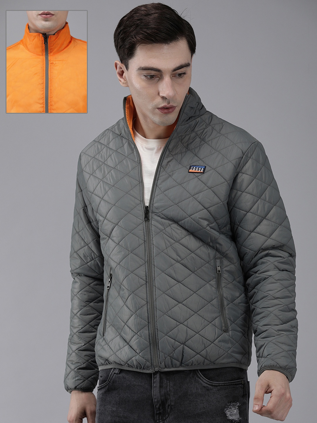 

Jack & Jones Men Grey & Orange Reversible Puffer Jacket