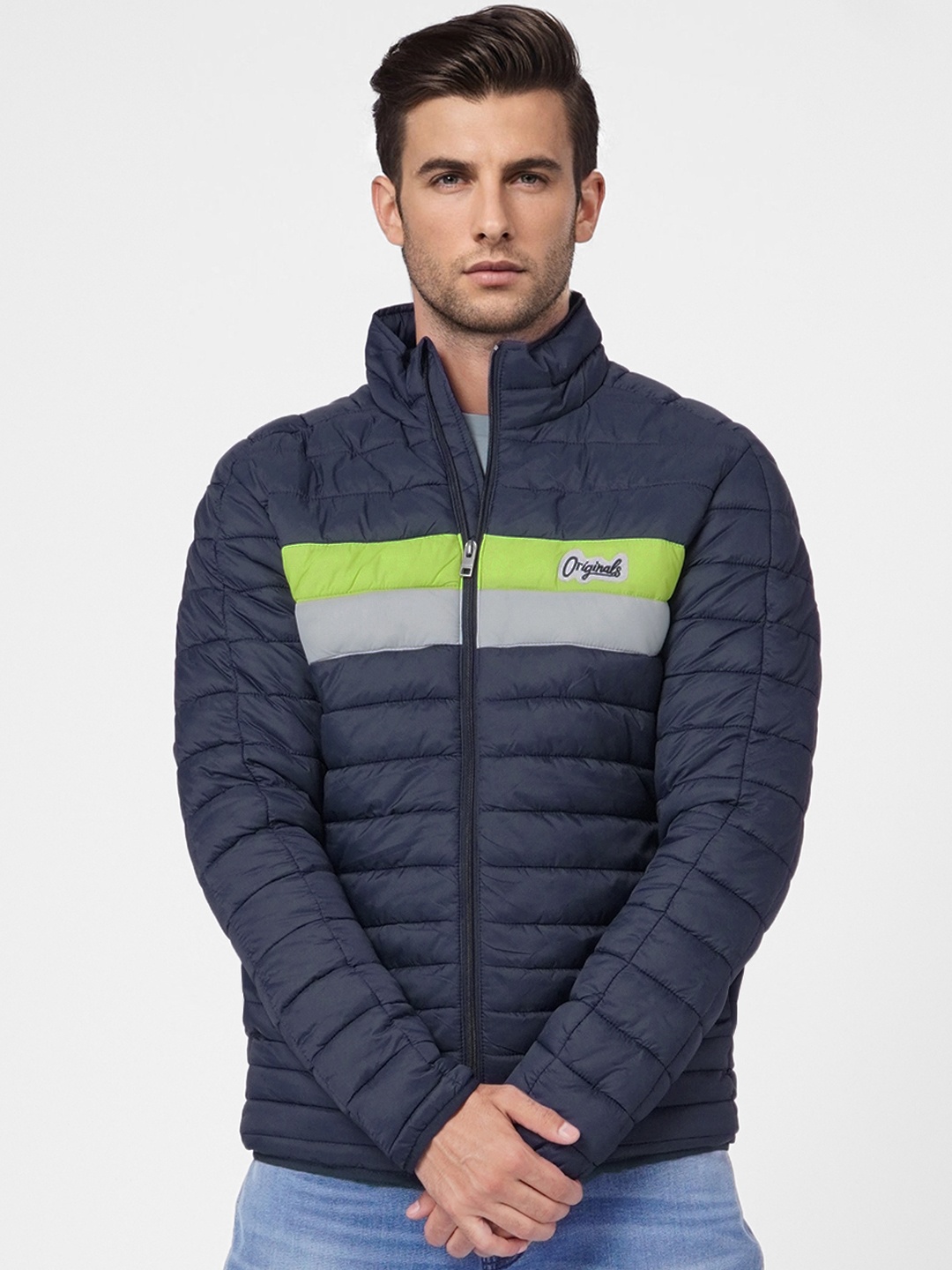

Jack & Jones Men Blue Colourblocked Mock-Collar Puffer Jacket