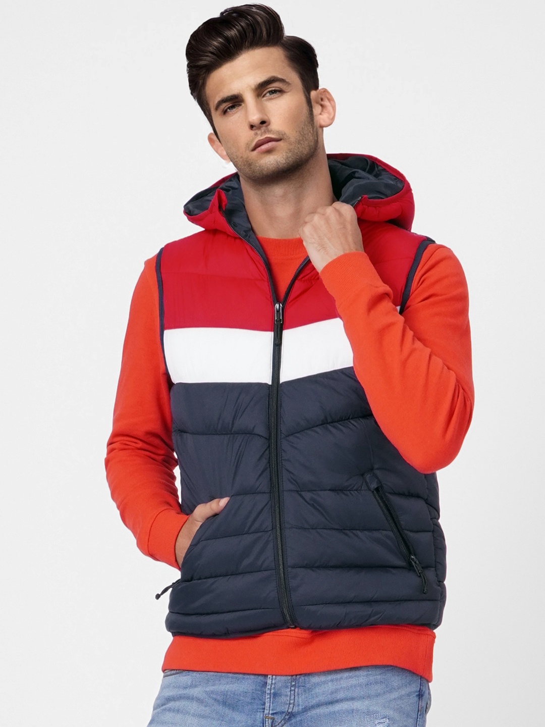 

Jack & Jones Men Red & Navy Blue Colourblocked Puffer Jacket