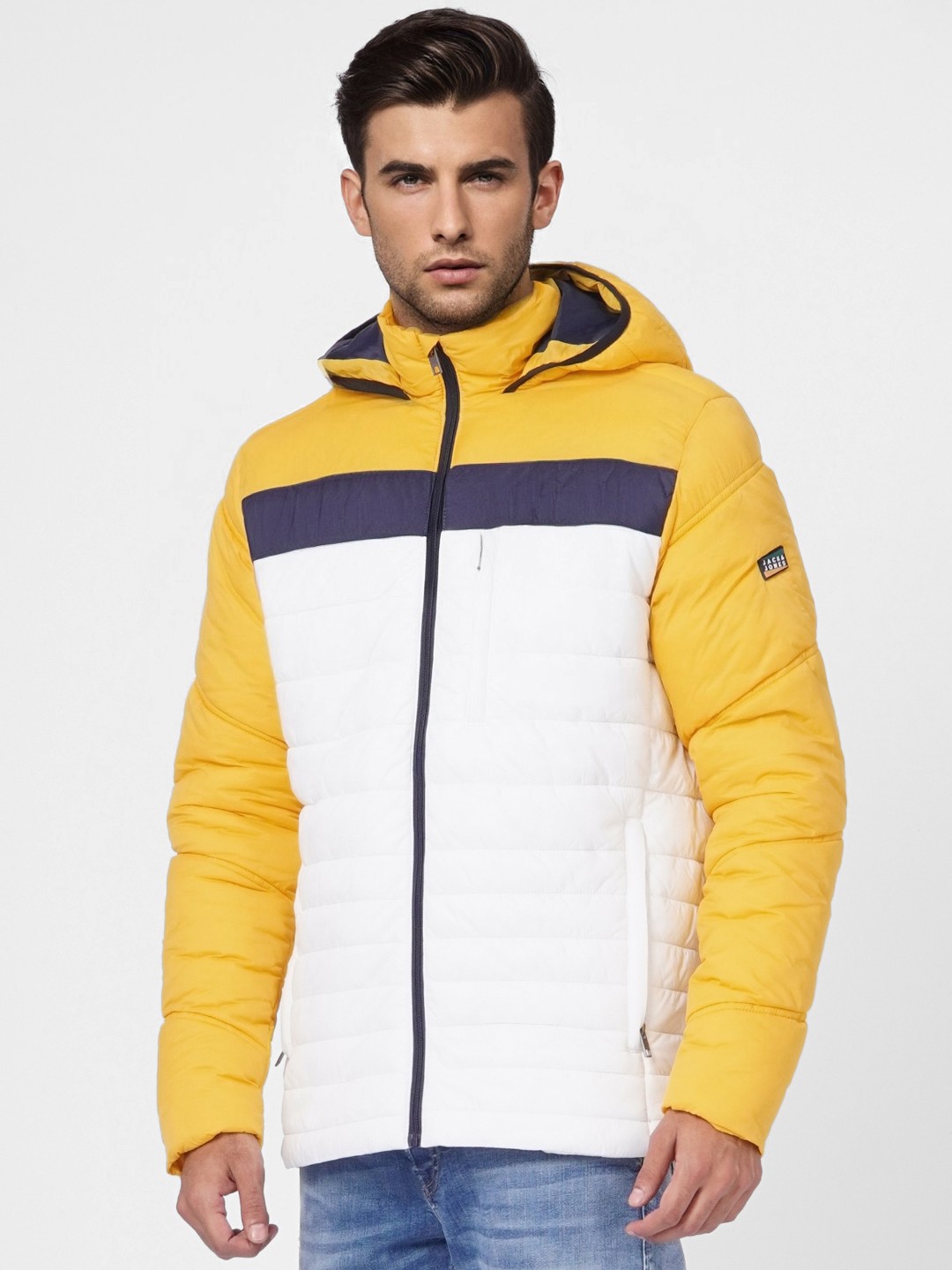

Jack & Jones Men Mustard And White Colourblocked Hooded Puffer Jacket