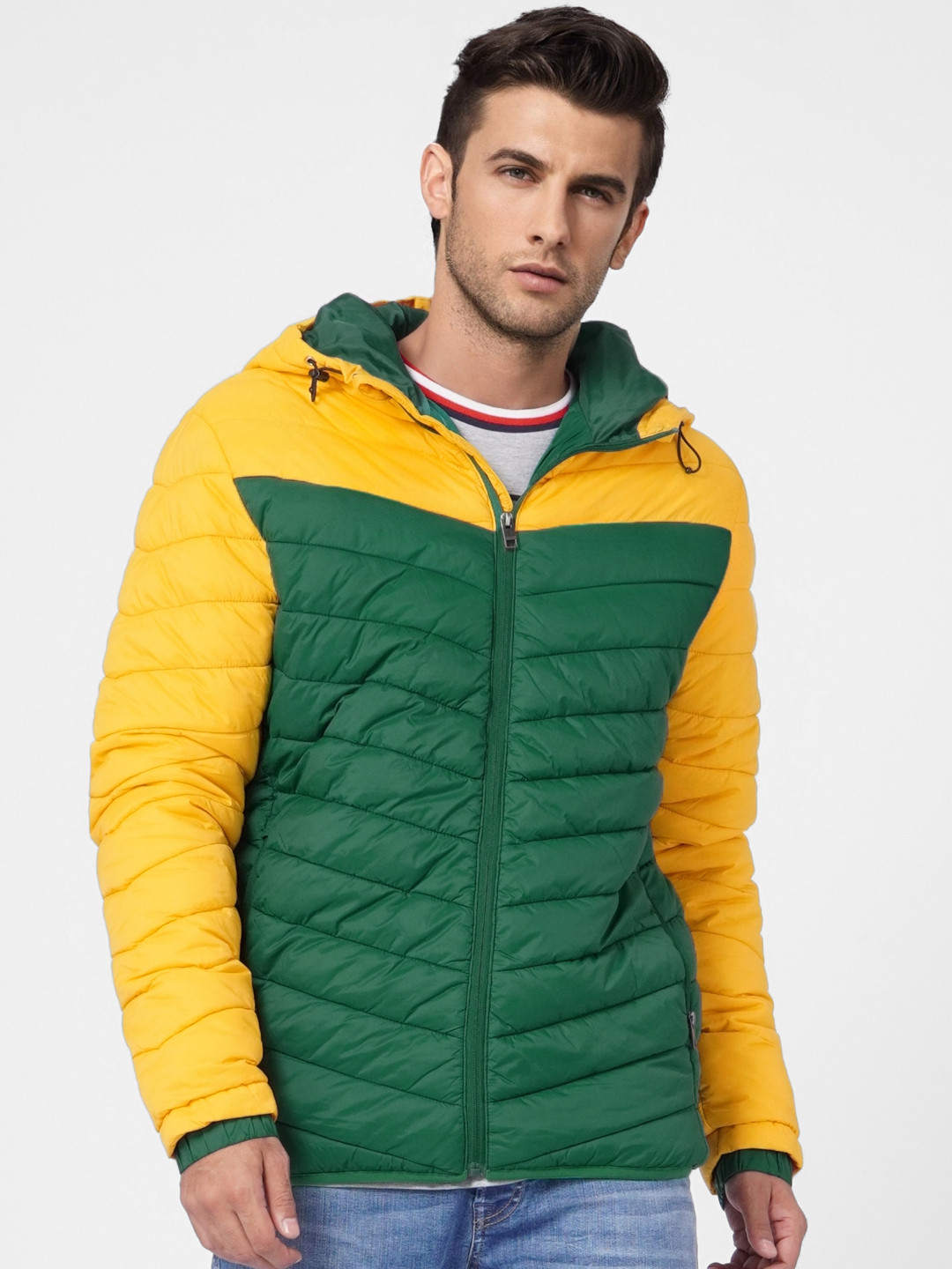 

Jack & Jones Men Green & Yellow Colourblocked Puffer Jacket