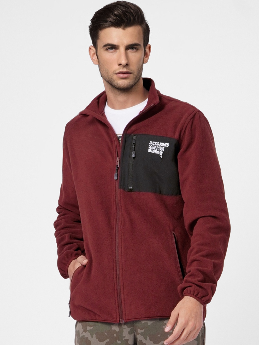 

Jack & Jones Men Maroon & Black Colourblocked Fleece Jacket