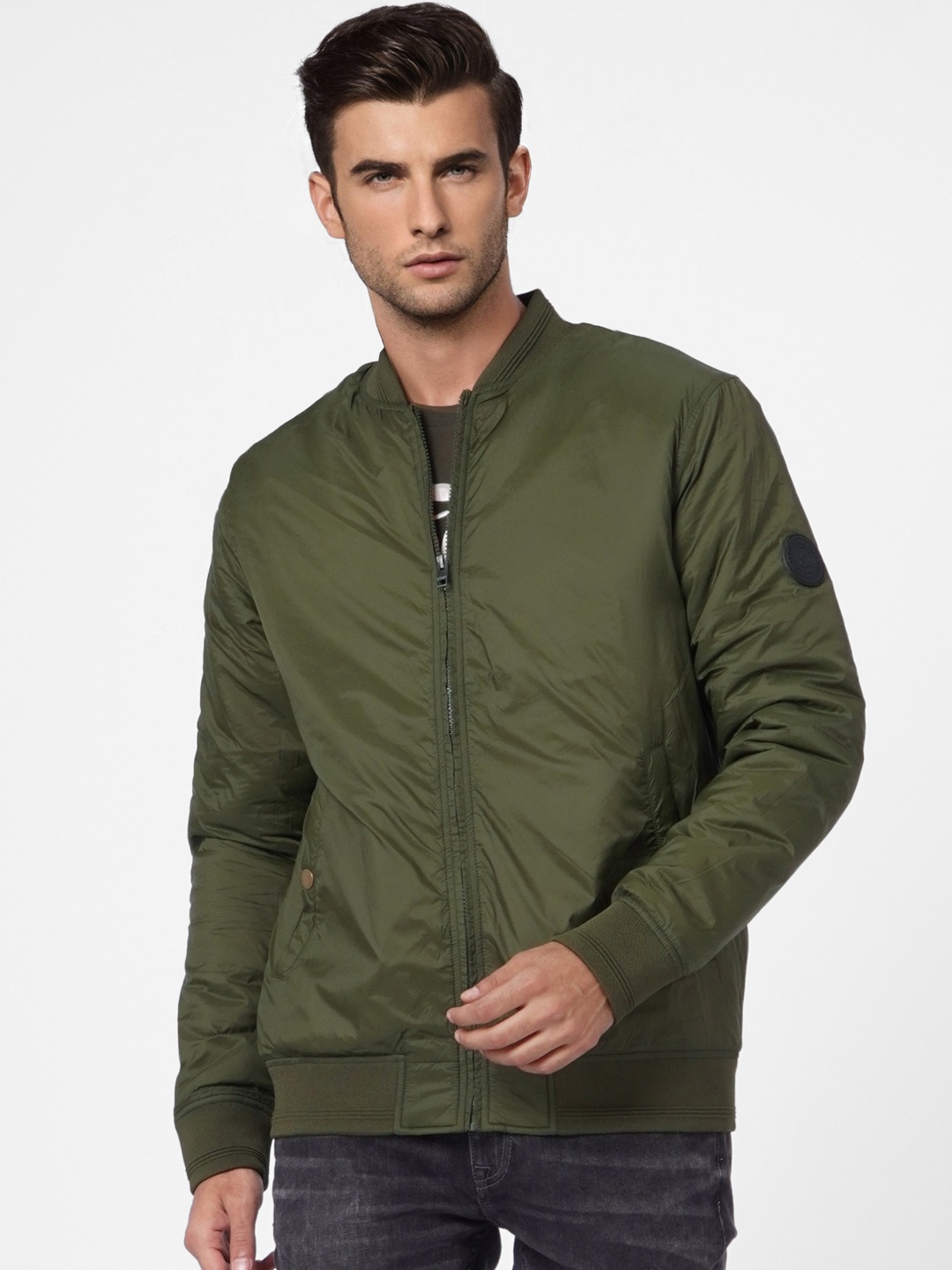 

Jack & Jones Men Olive Green Solid Bomber Jacket
