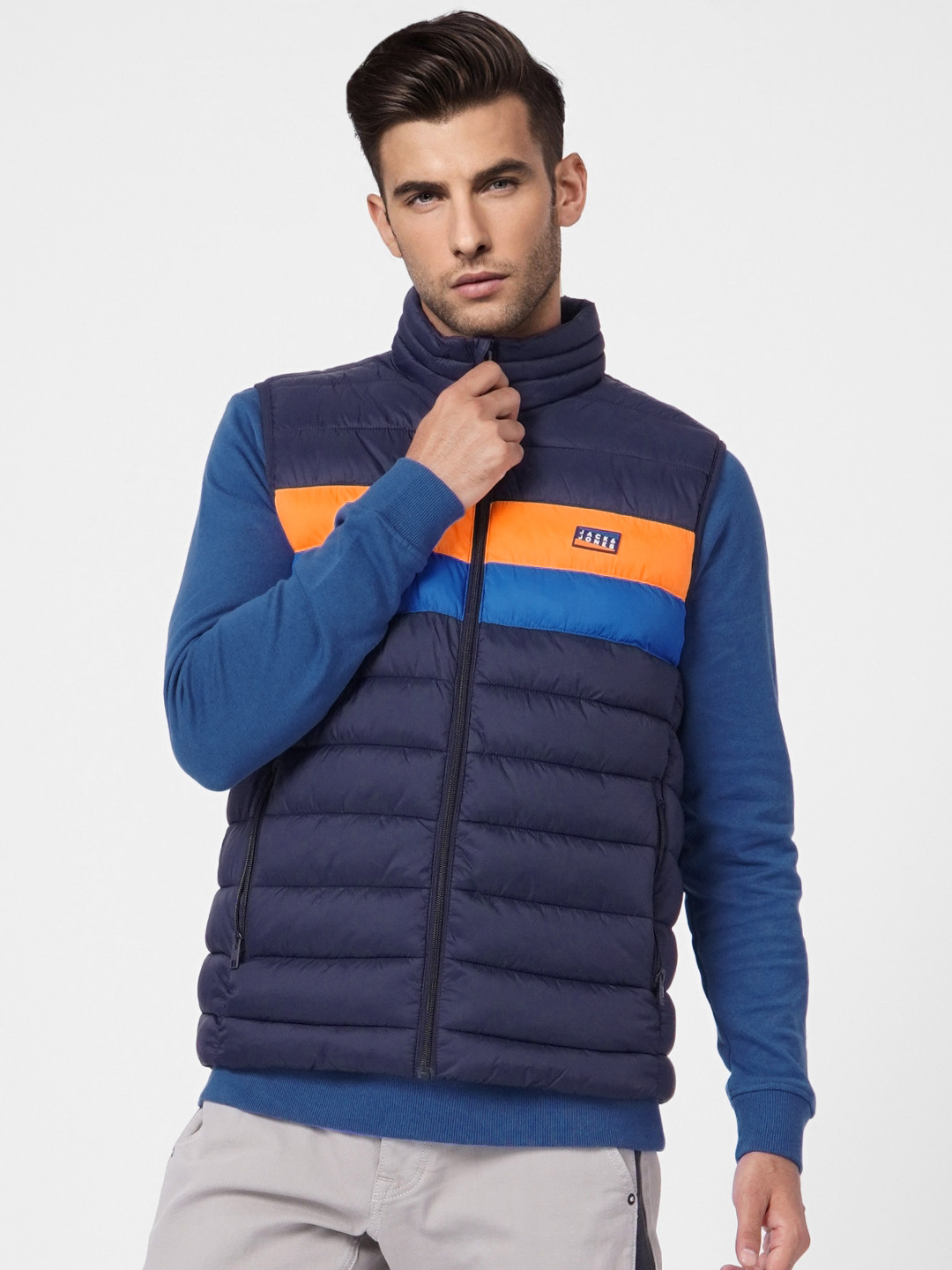 

Jack & Jones Men Navy Blue & Yellow Colourblocked Puffer Jacket