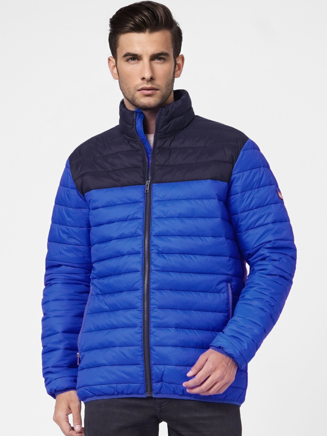 

Jack & Jones Men Blue Black Colourblocked Puffer Jacket