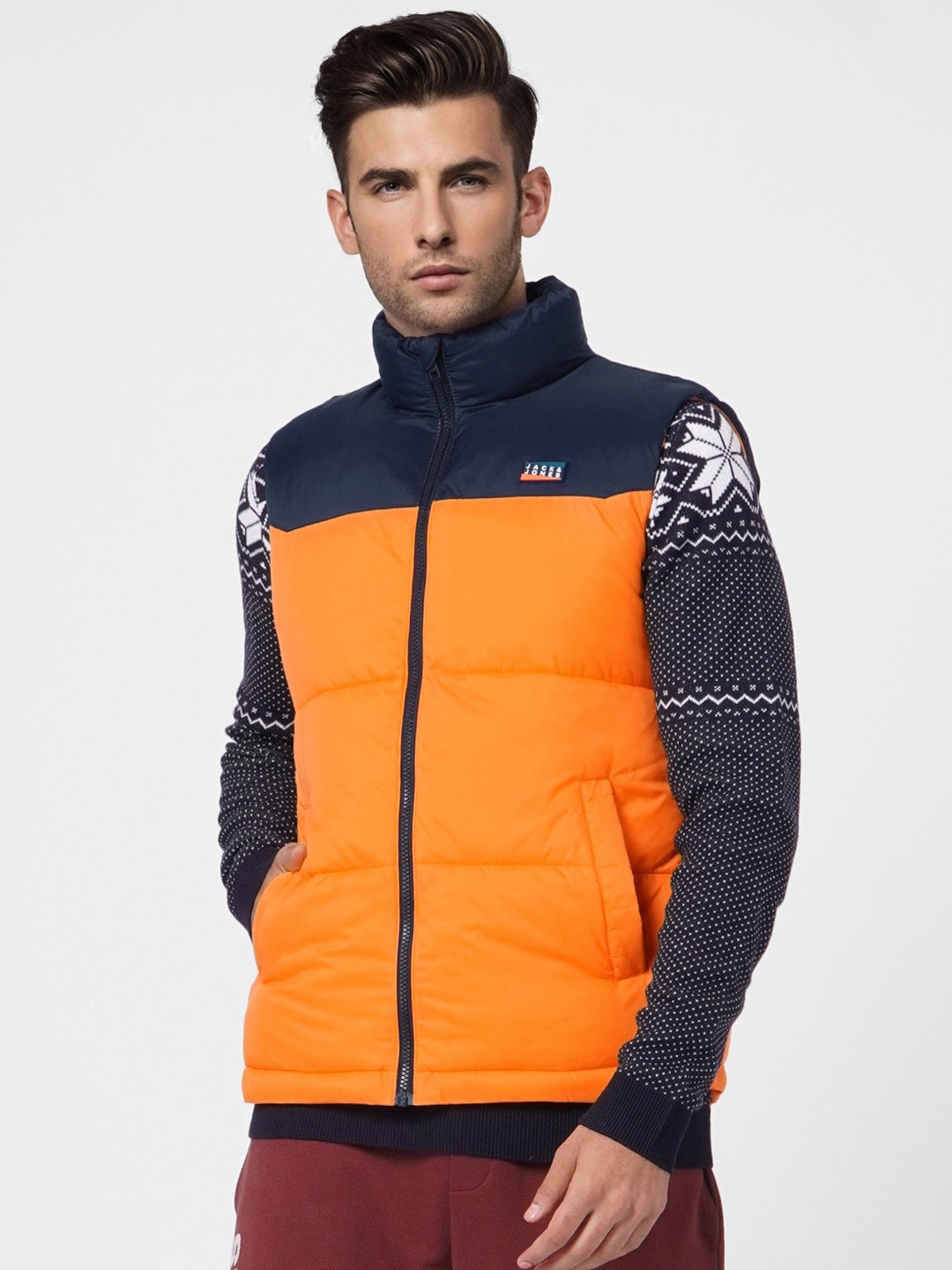 

Jack & Jones Men Orange & Navy Blue Colourblocked Padded Jacket
