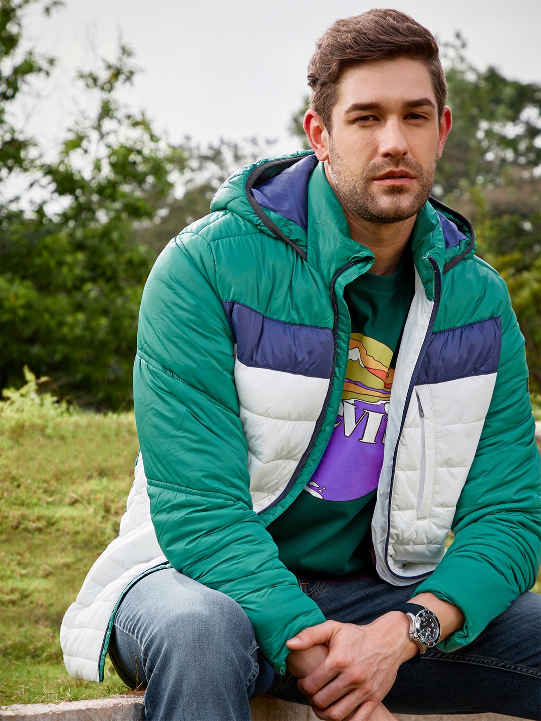 

Jack & Jones Men Green & White Colourblocked Padded Jacket