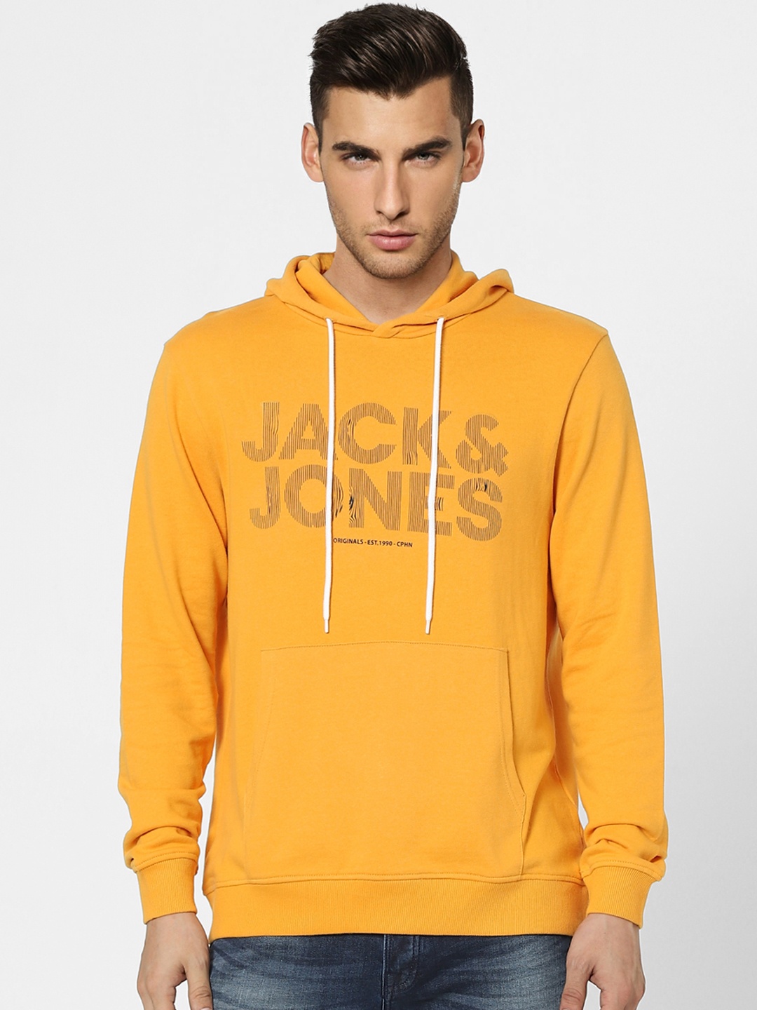 

Jack & Jones Men Mustard Yellow Printed Hooded Sweatshirt