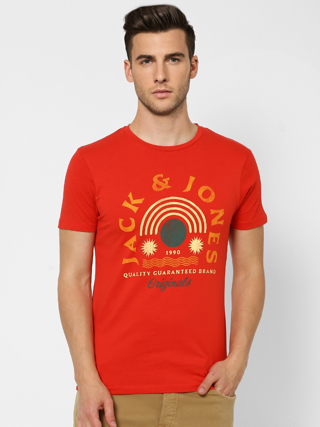 

Jack Jones Men Red Brand Logo Printed Pure Cotton T-shirt