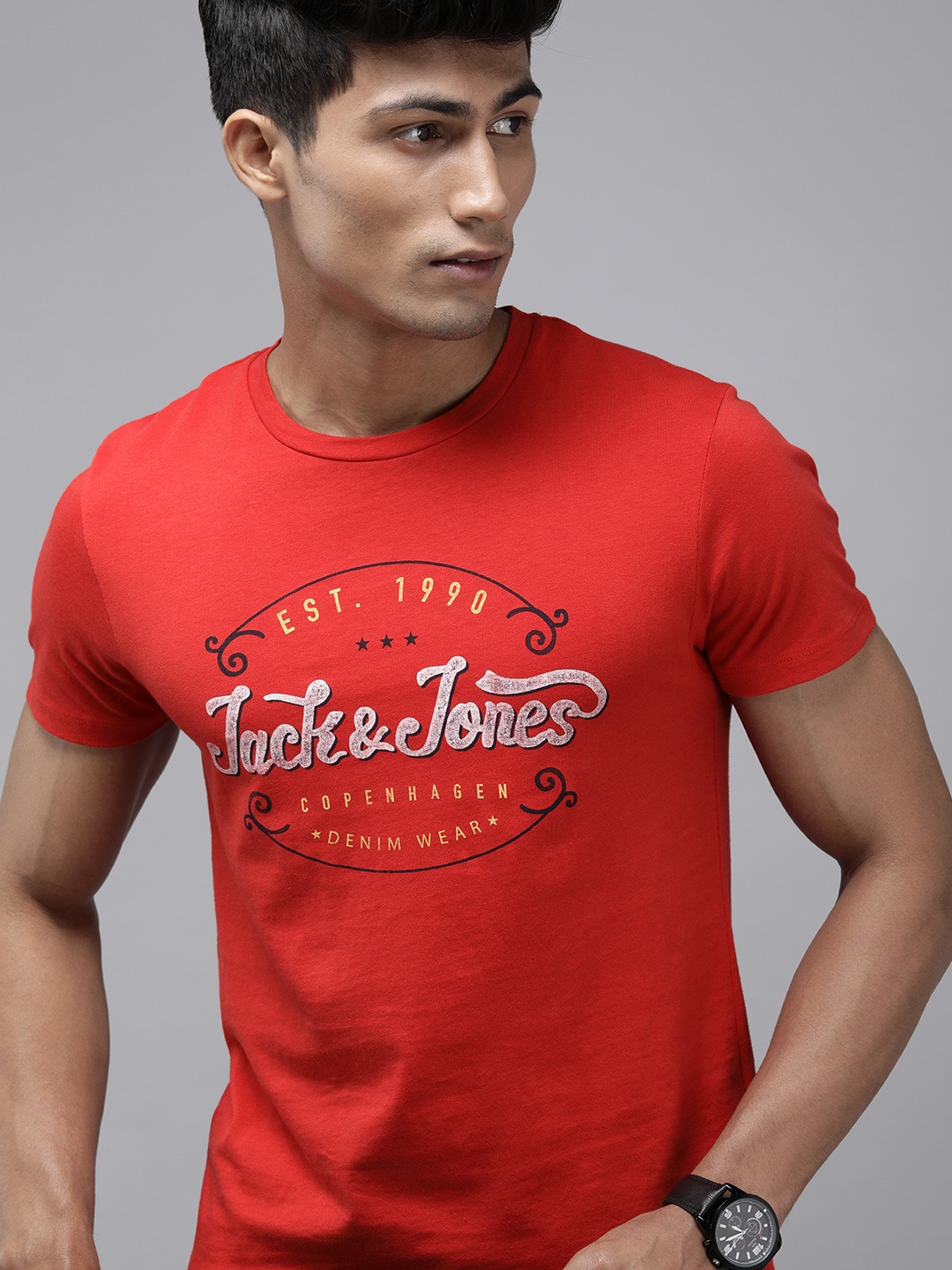 

Jack & Jones Men Red Brand Logo Printed Slim Fit Pure Cotton Round Neck T-shirt