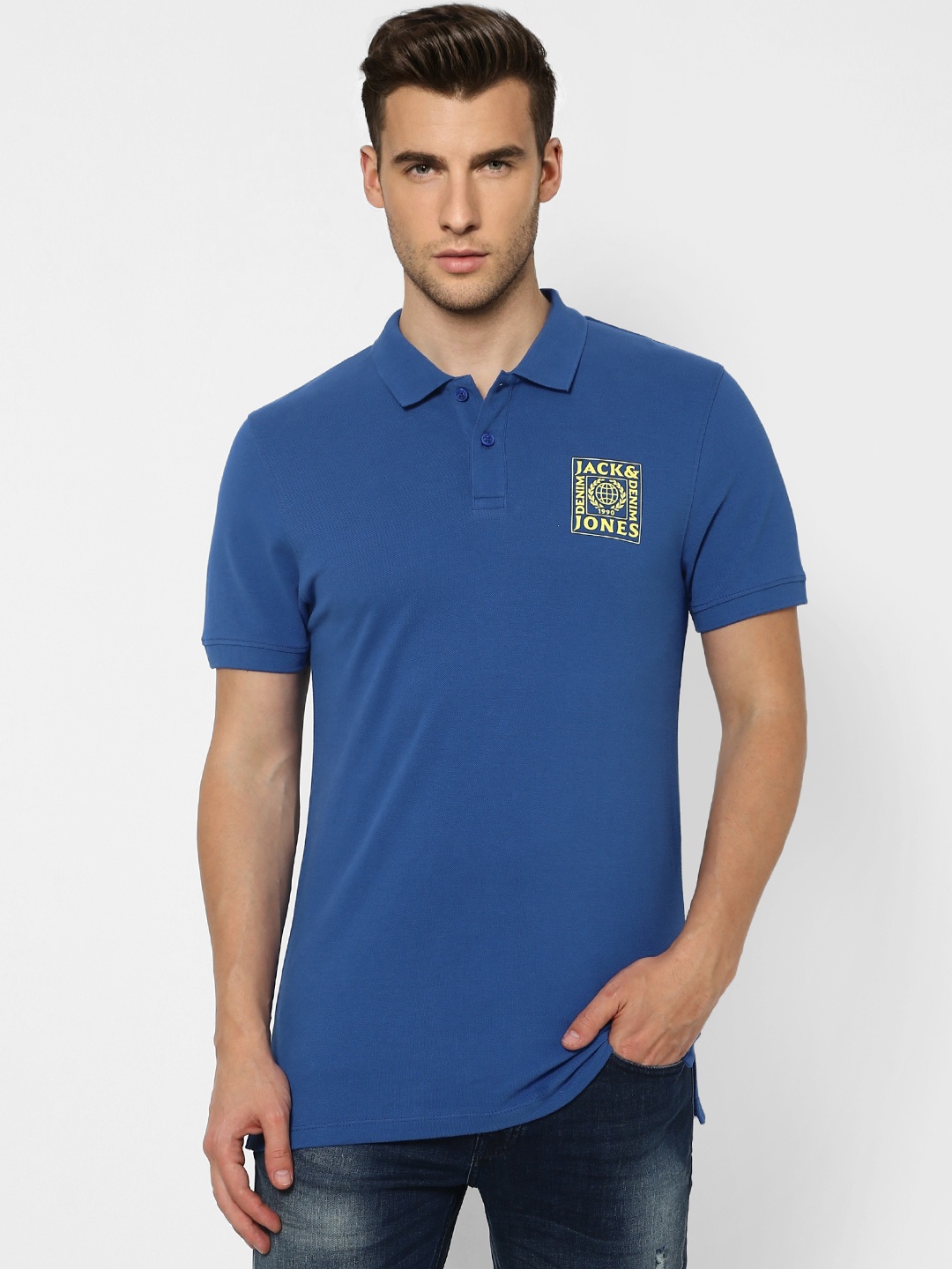 

Jack & Jones Men Blue Polo Collar Slim Fit T-shirt With Printed Detailing