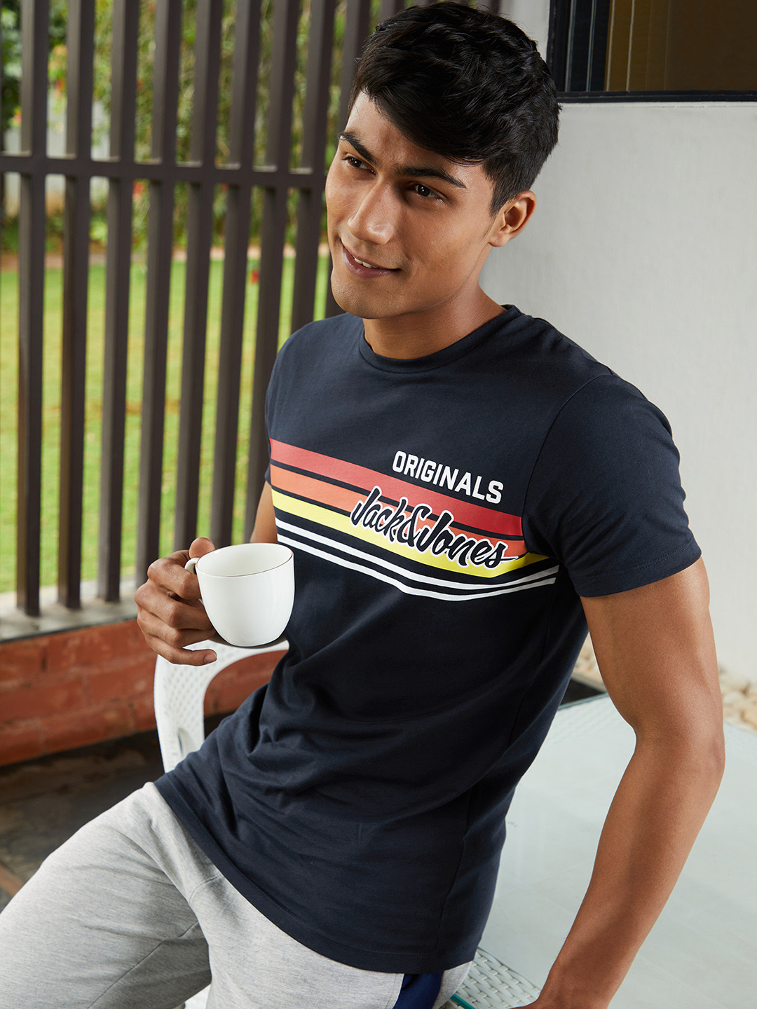 

Jack Jones Men Navy Blue Orange Striped Slim Fit Pure Cotton T-shirt