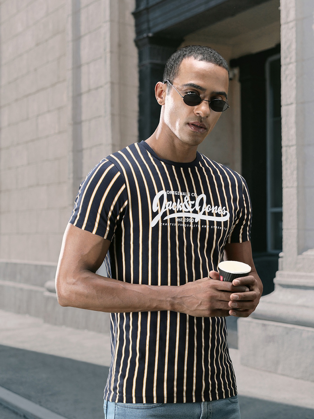 

Jack & Jones Men Blue & Cream-Coloured Striped Slim Fit Round NeckT-shirt