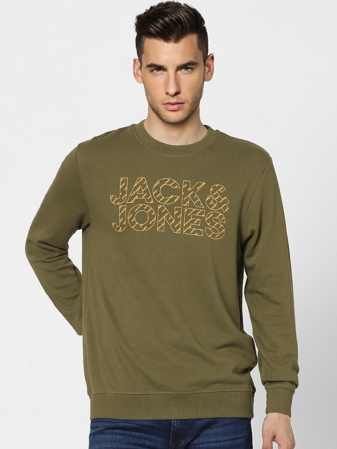 

Jack & Jones Men Olive Green Logo Printed Sweatshirt