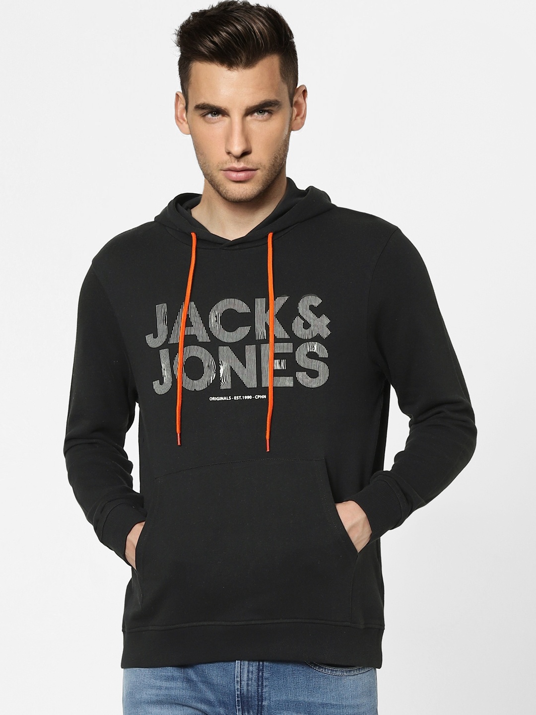 

Jack & Jones Men Black Printed Hooded Sweatshirt