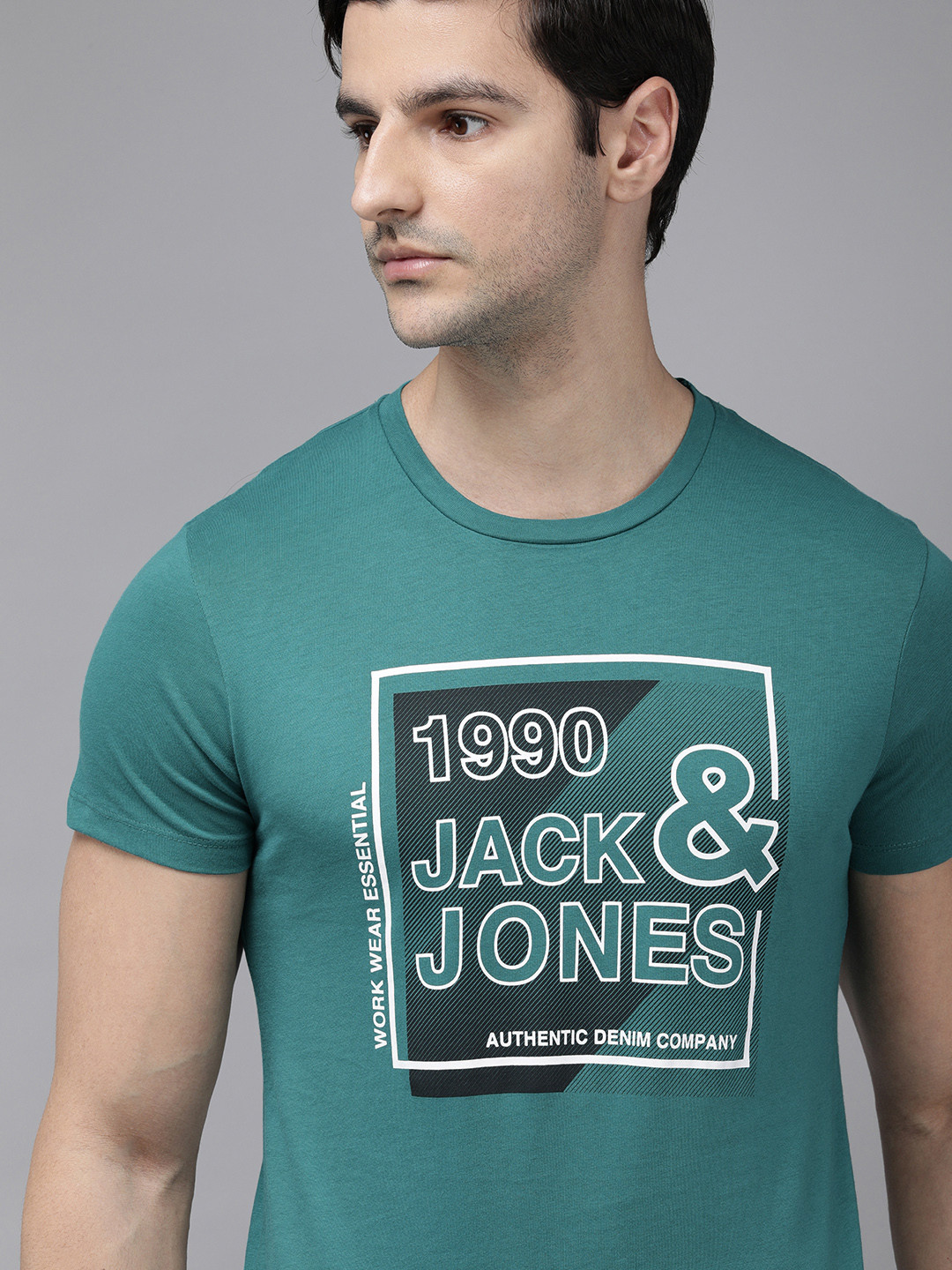 

Jack Jones Men Harbor Blue Typography Printed Slim Fit Pure Cotton T-shirt