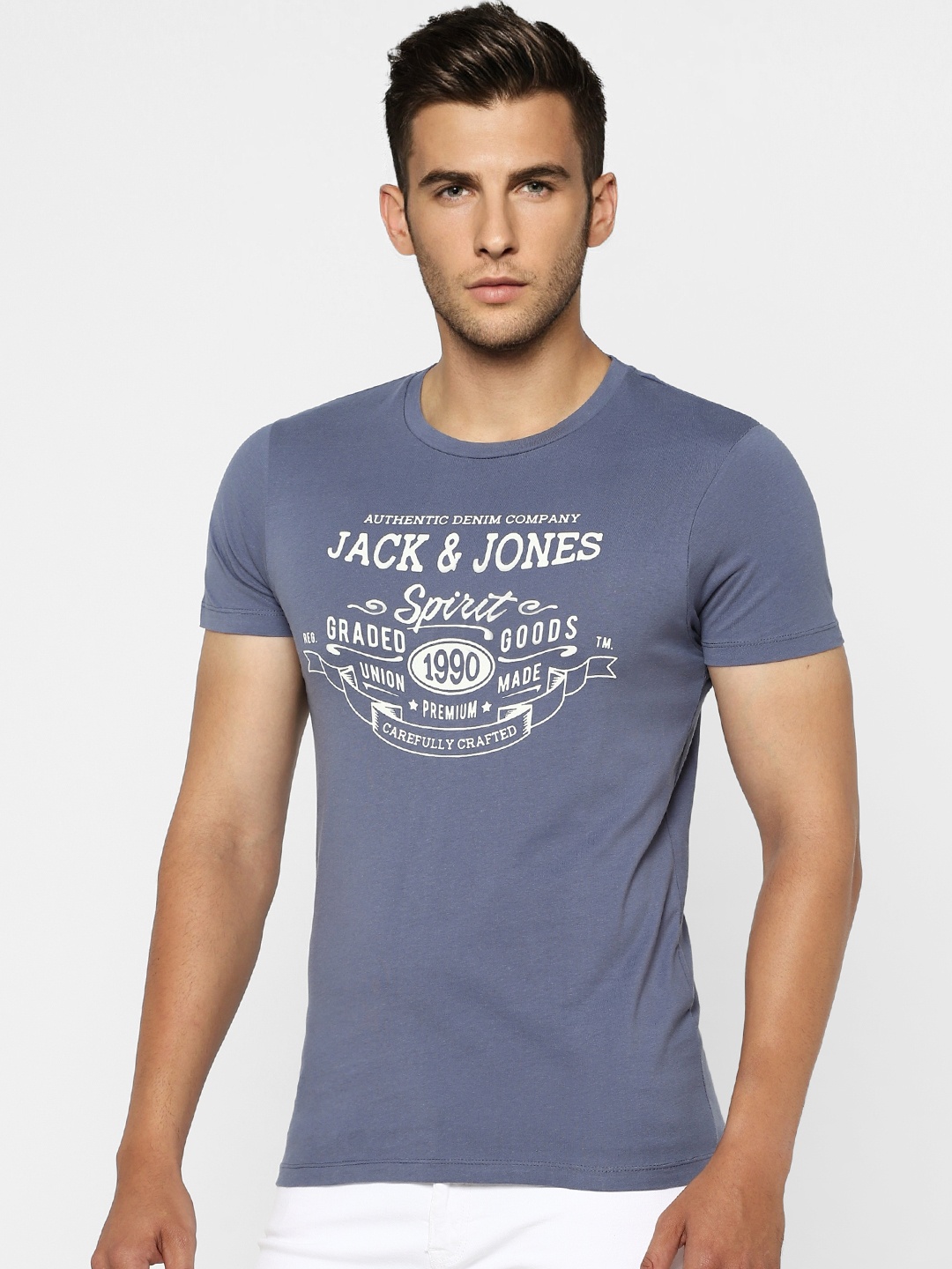 

Jack Jones Men Blue Brand Logo Printed Slim Fit Pure Cotton T-shirt