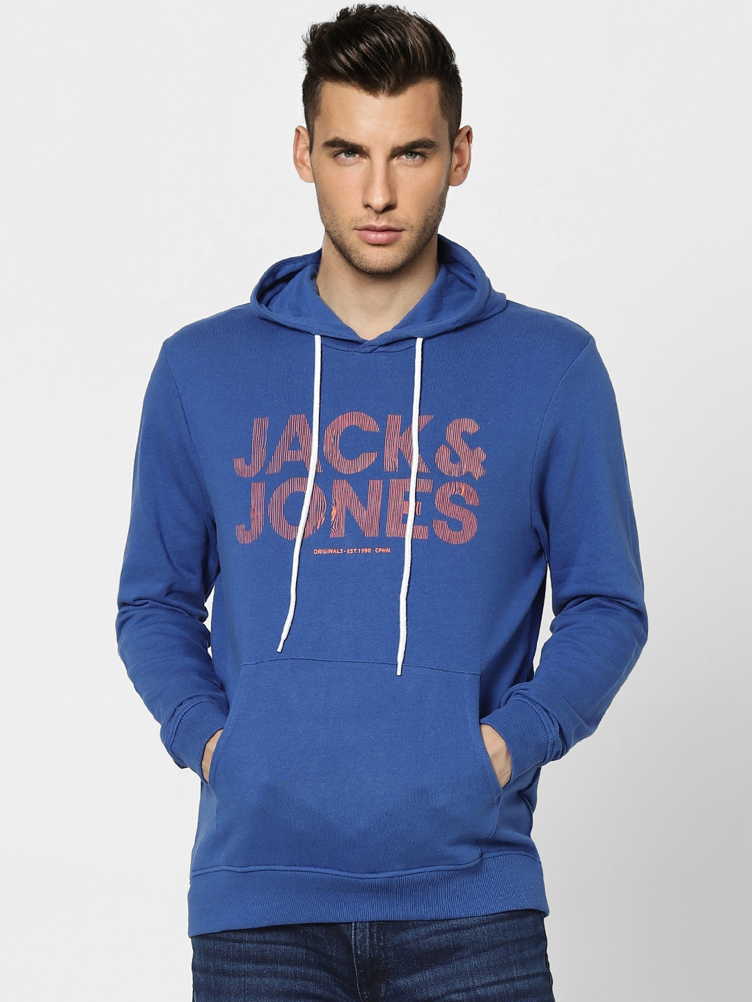 

Jack & Jones Men Blue Printed Hooded Sweatshirt