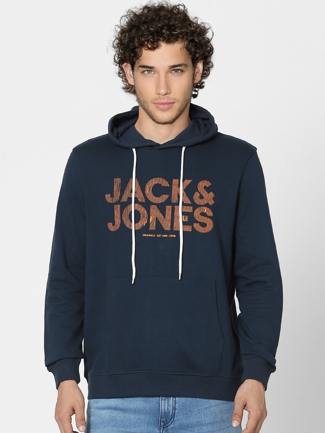 

Jack & Jones Men Navy Blue Printed Hooded Sweatshirt