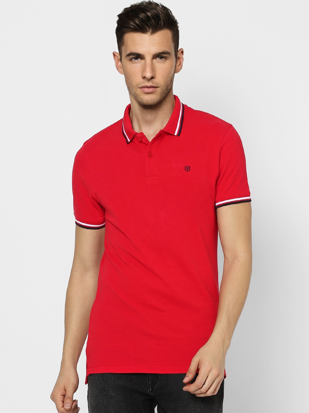 

Jack & Jones Men Red Pure Cotton Solid Polo Collar Slim Fit T-shirt