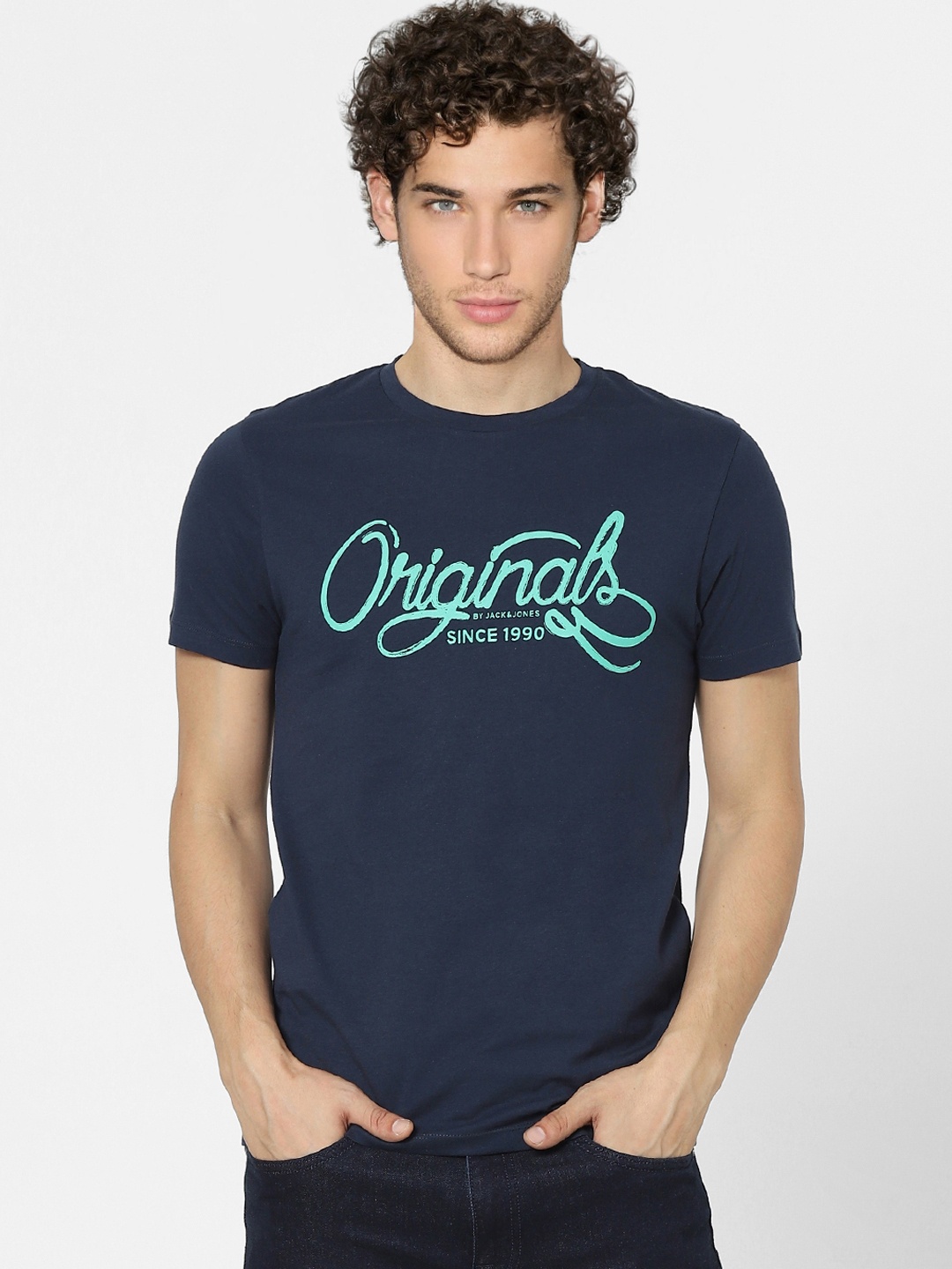 

Jack & Jones Men Navy Blue Brand Logo Printed Slim Fit T-shirt