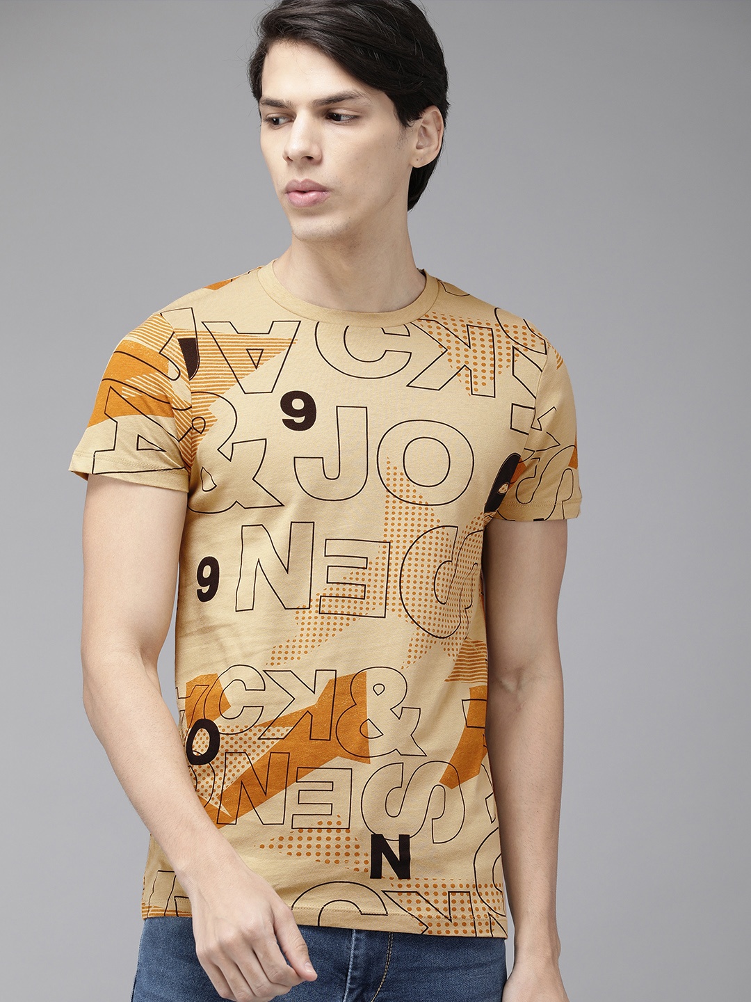 

Jack Jones Men Brown Black Typography Printed Slim Fit Pure Cotton T-shirt