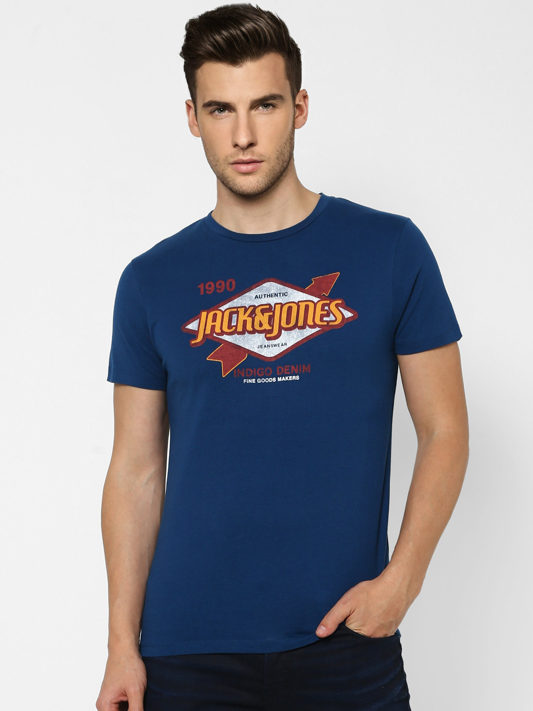 

Jack Jones Men Blue Typography Printed Pure Cotton T-shirt