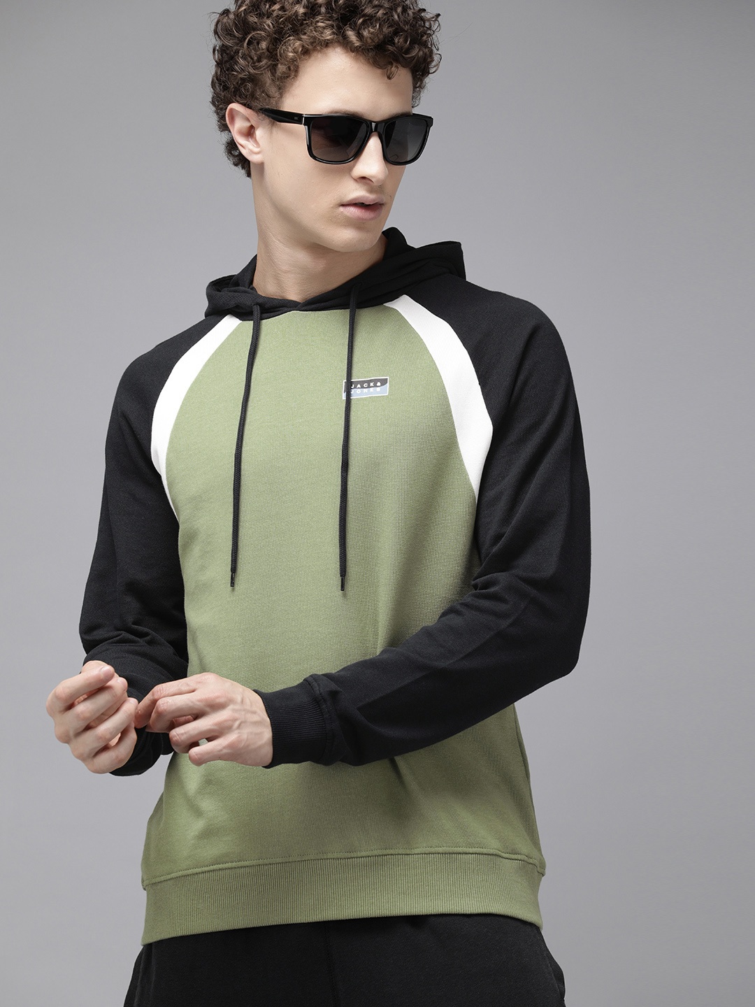 

Jack & Jones Men Green & White Colourblocked Hooded Sweatshirt