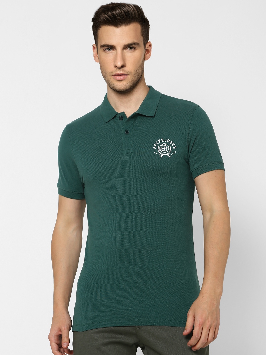 

Jack & Jones Men Green Polo Collar Slim Fit T-shirt With Printed Detailing