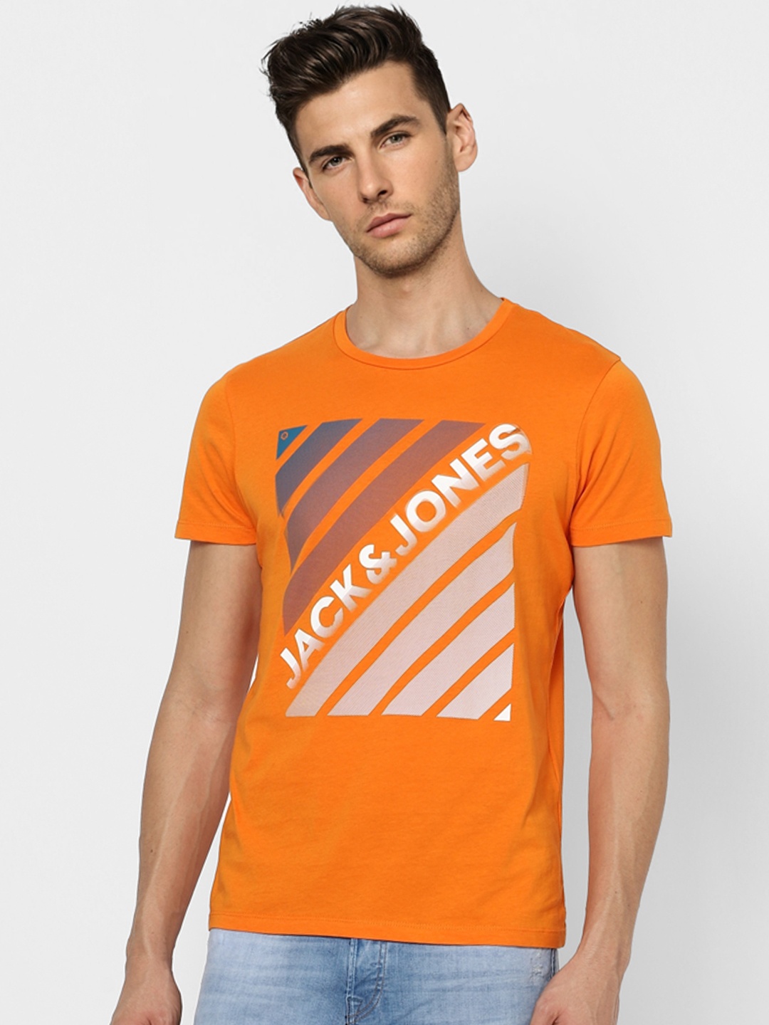 

Jack & Jones Men Orange Brand Logo Printed Slim Fit T-shirt