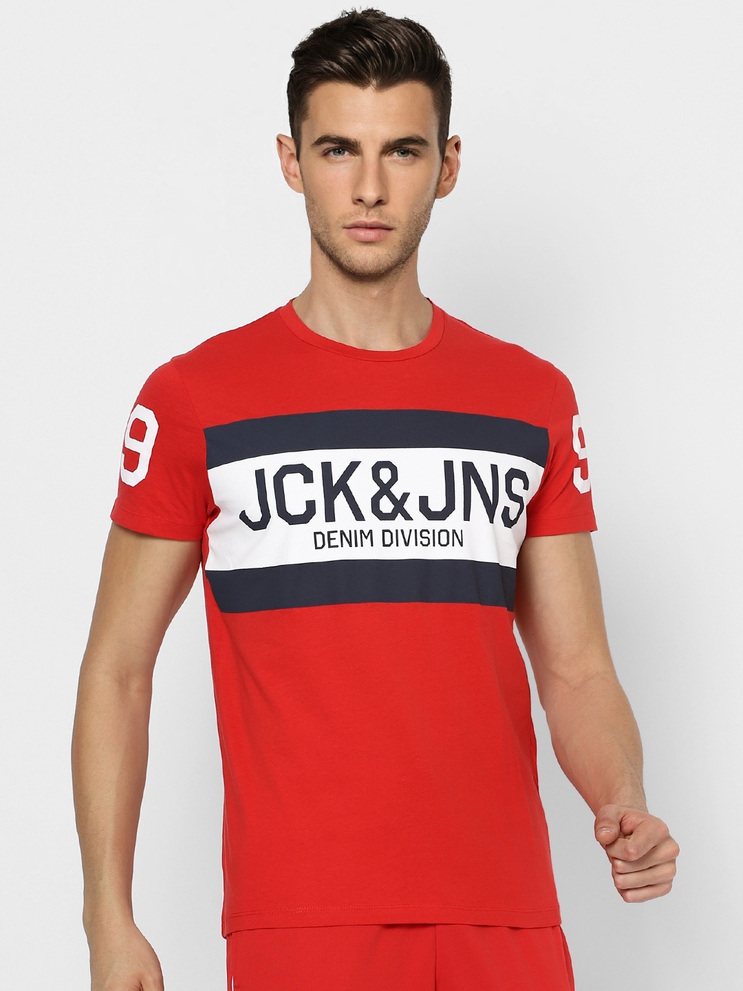 

Jack Jones Men Red White Colourblocked Pure Cotton T-shirt with Printed Detail