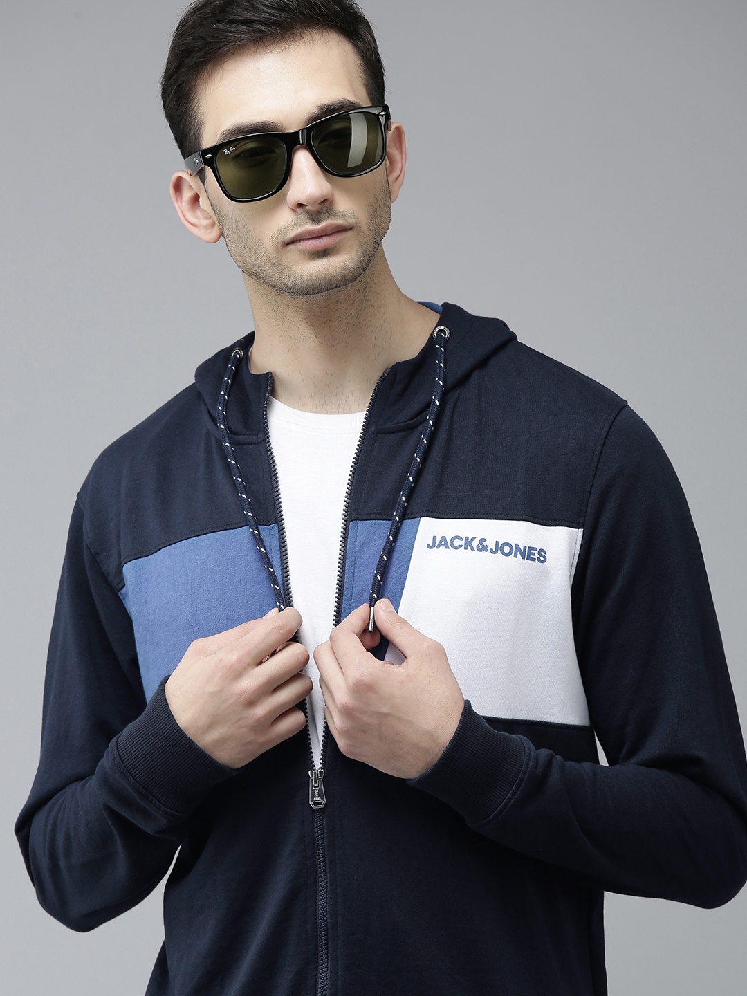 

Jack & Jones Men Navy Blue & White Colourblocked Hooded Sweatshirt