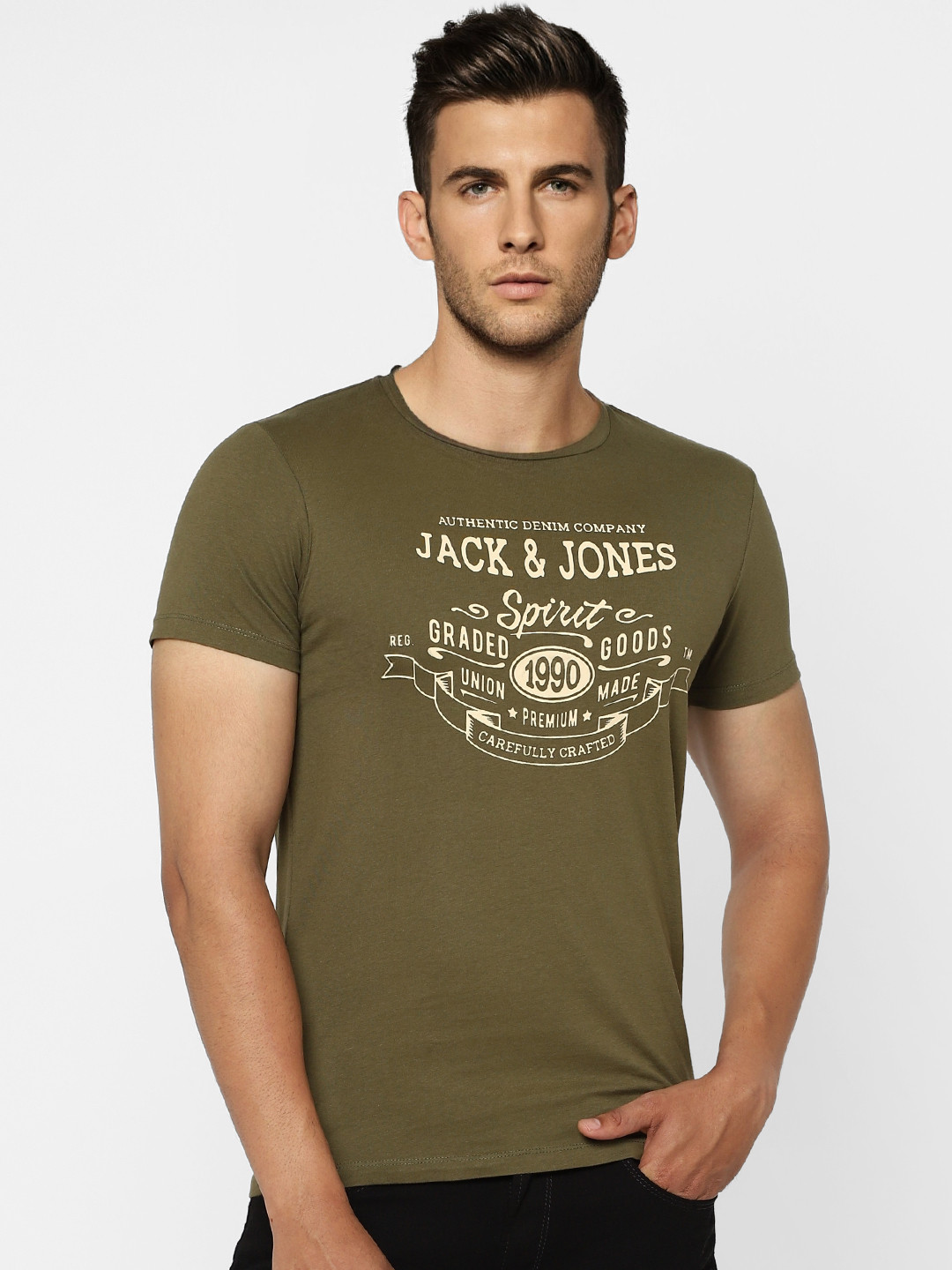 

Jack Jones Men Olive Green Brand Logo Printed Slim Fit Pure Cotton T-shirt