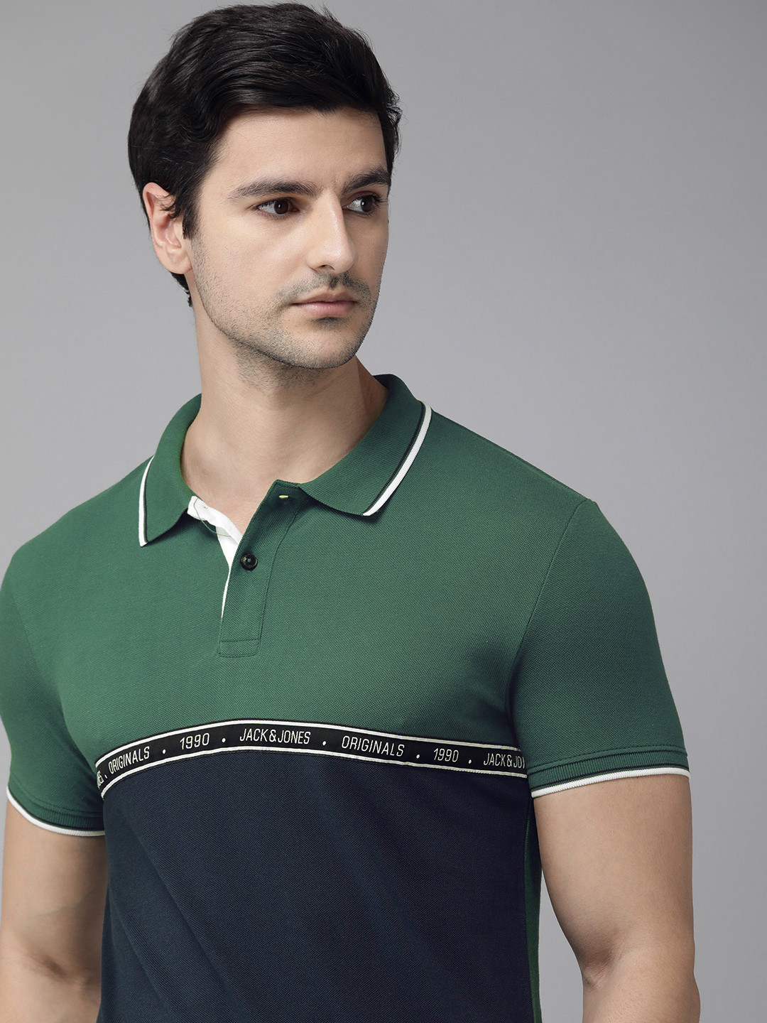 

Jack Jones Men Green Navy Blue Pure Colourblocked Polo Collar Slim Fit Pure Cotton T-shirt