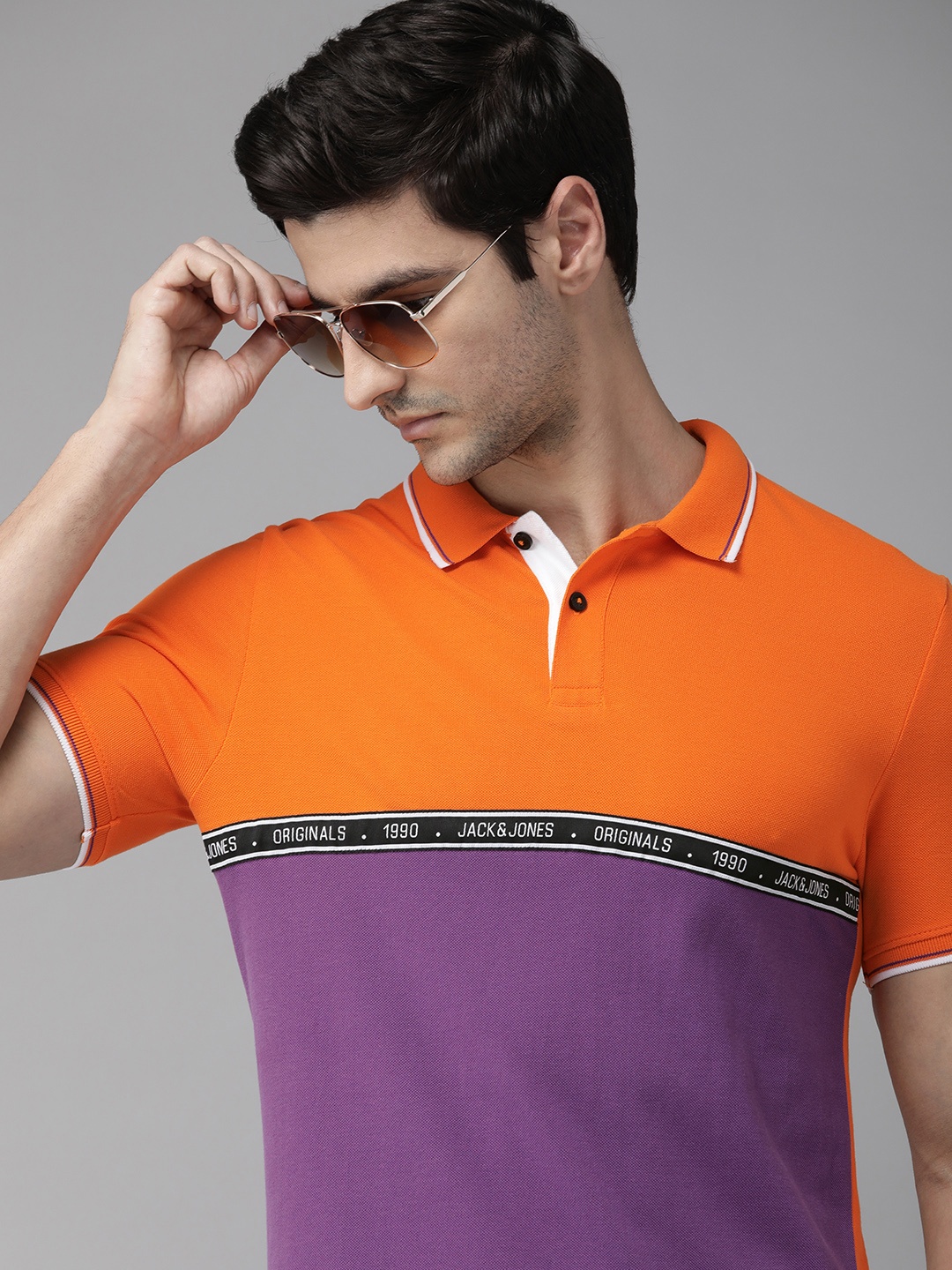 

Jack Jones Men Orange Purple Pure Cotton Colourblocked Polo Collar Slim Fit Pure Cotton T-shirt