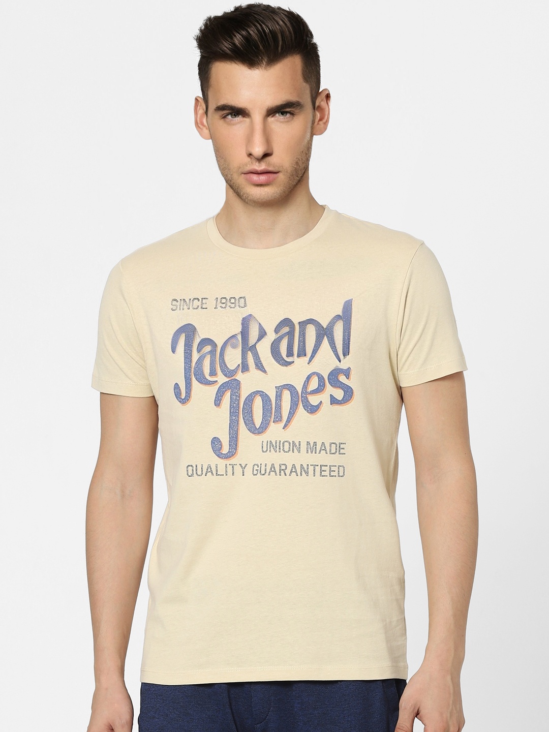 

Jack Jones Men Beige Brand Logo Printed Pure Cotton T-shirt