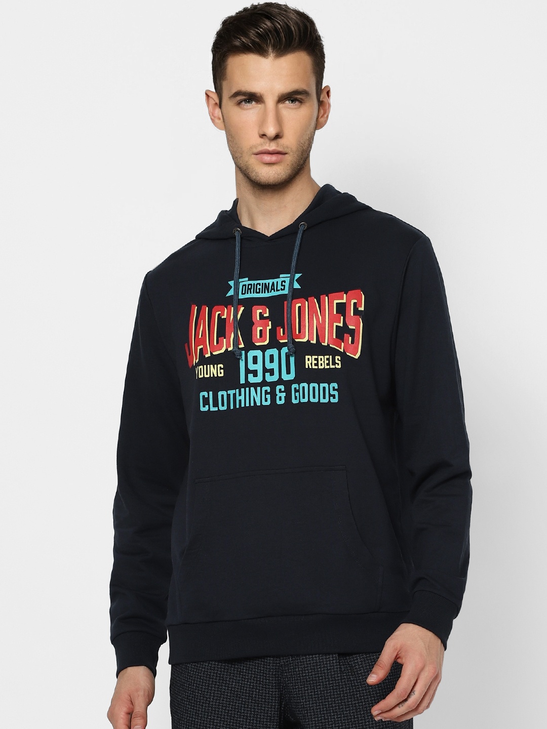 

Jack & Jones Men Navy Blue & Red Printed Hooded Sweatshirt